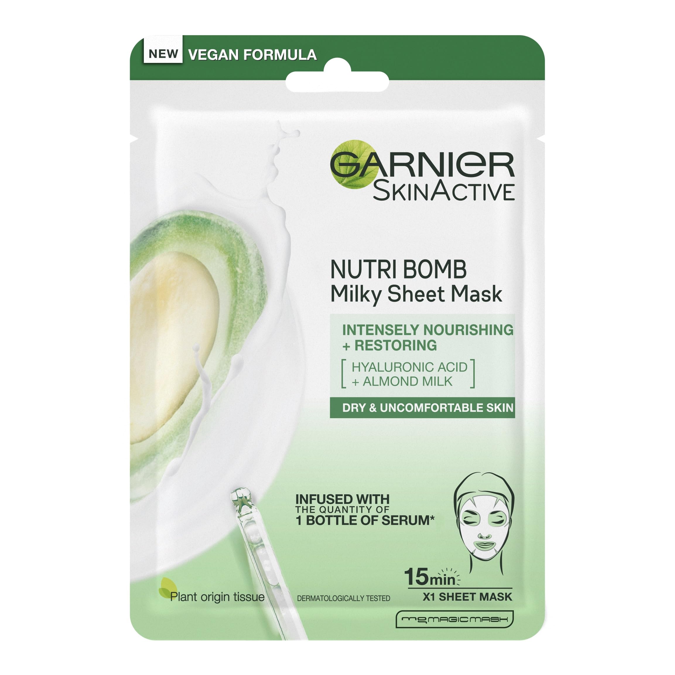 Garnier Nutri Bomb Milky Sheet Mask with Almond Milk & Hyaluronic Acid - Hydrating & Nourishing Face Mask for Glowing Skin - Vegan Tissue Mask for Dry Skin Care - Perfect for Nighttime Skincare Routine & Spa Days
