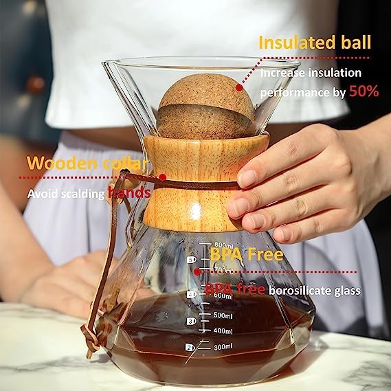 Premium Pour Over Coffee Maker with Wood Sleeve & Cork Stopper - 20oz/600ml Glass Dripper for Specialty Coffee Brewing - Perfect for Home, Office & Camping Use