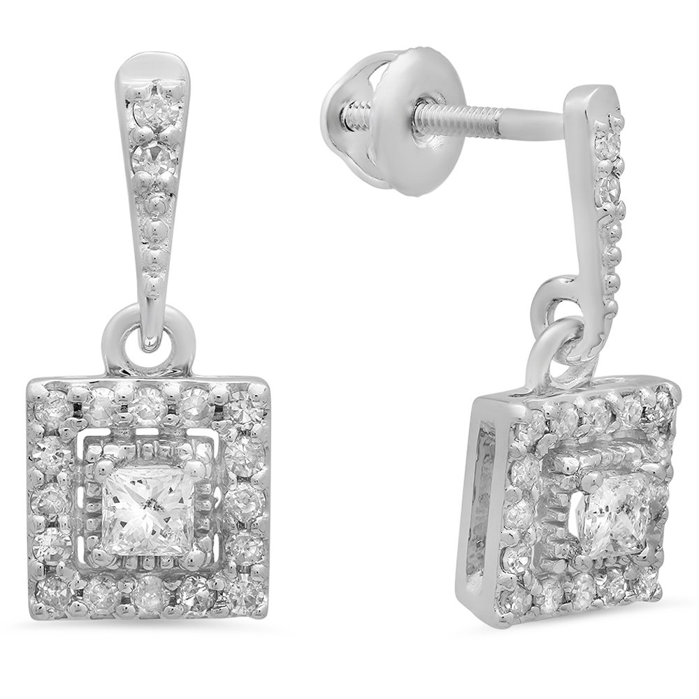 Dazzlingrock 14K White Gold Princess & Round Cut Diamond Dangle Earrings for Women - 0.45 Cttw, Solid Gold Elegant Jewelry for Weddings, Parties & Special Occasions