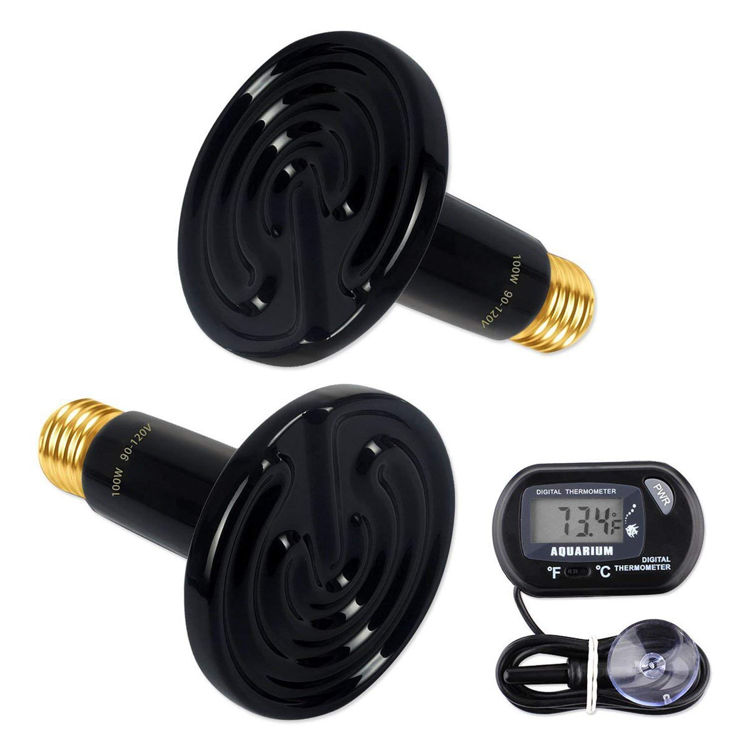 OMAYKEY 2-Pack 100W Ceramic Heat Emitter Bulbs with Digital Thermometer - Infrared Heating Lamp for Reptiles, Turtles, Snakes, Lizards & Chicken Coops - No Light Emission, Safe for Night Use - Perfect for Terrariums, Brooders & Pet Habitats