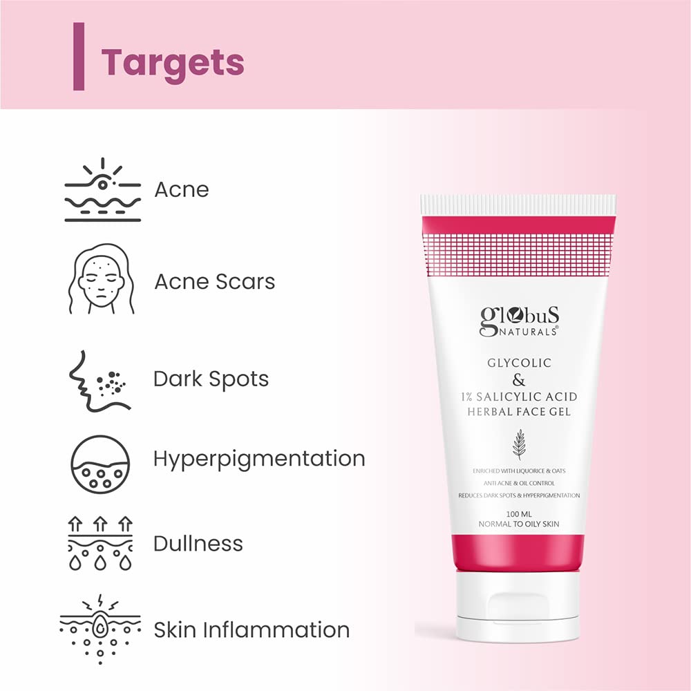 Globus Naturals Glycolic & 1% Salicylic Acid Anti-Acne Face Care Combo Set - 3-Piece Kit with Face Cream, Gel & Scrub for Clear Skin | Daily Acne Treatment & Exfoliation Routine