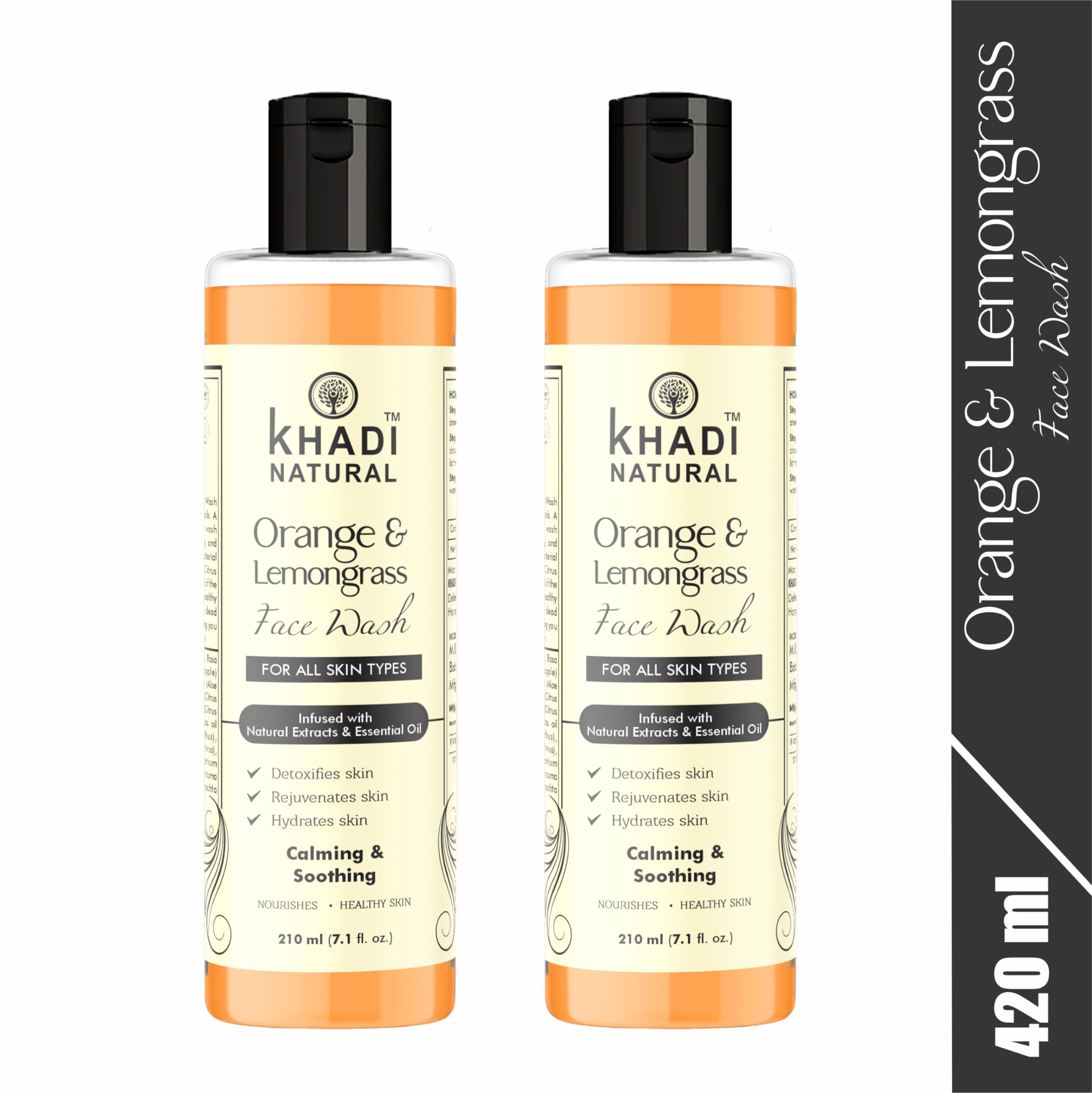 Khadi Natural Orange & Lemongrass Herbal Face Wash for Dry Skin - 210ml (Pack of 2) | Organic Cleanser with Citrus Extracts | Perfect for Morning & Night Skincare Routine