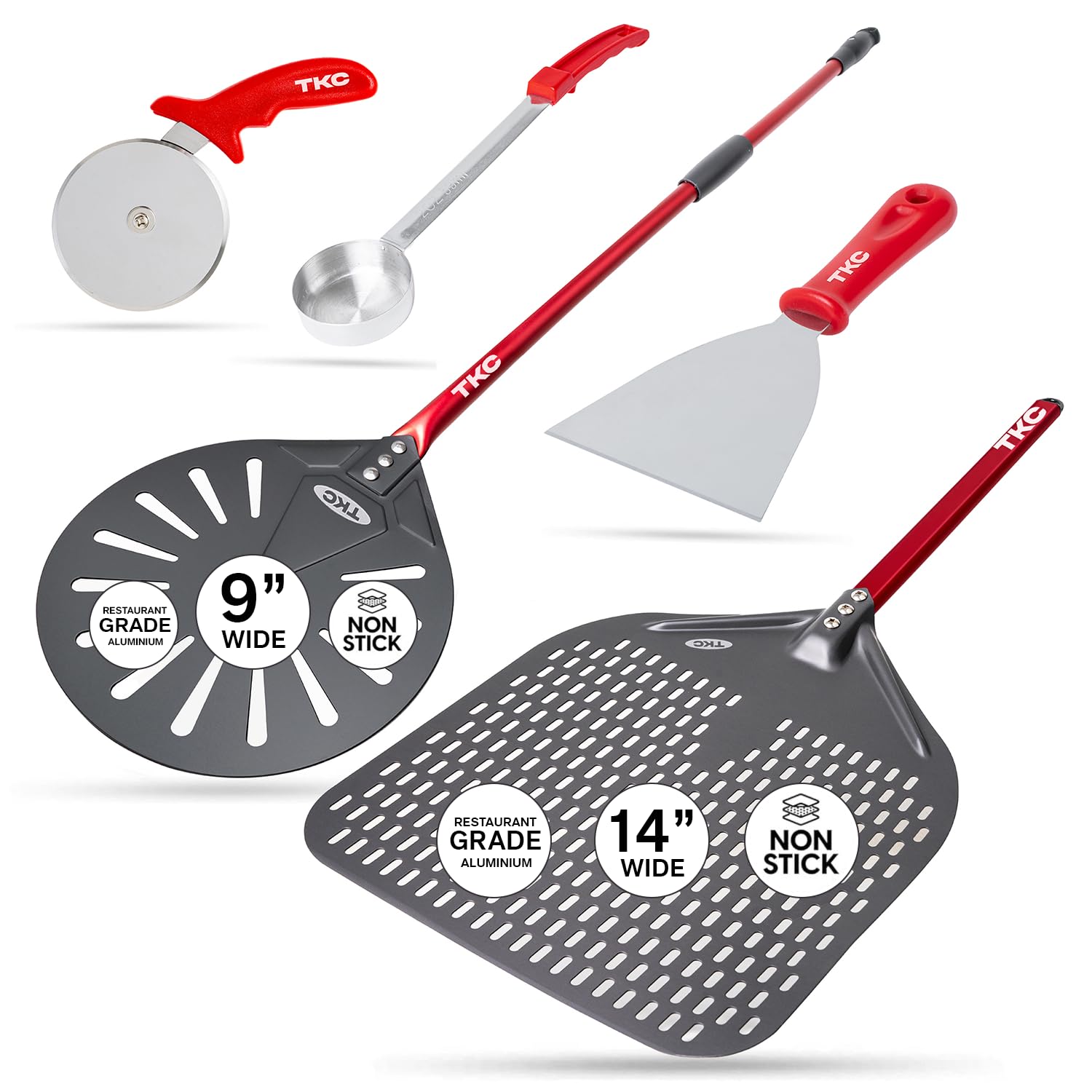 TKC 14 Inch XL Perforated Pizza Peel & 9 Inch Turning Peel Set with Dough Cutter, Pizza Wheel & Sauce Ladle - Commercial Grade Pizza Spatula for Home Kitchen & Professional Pizzeria Use