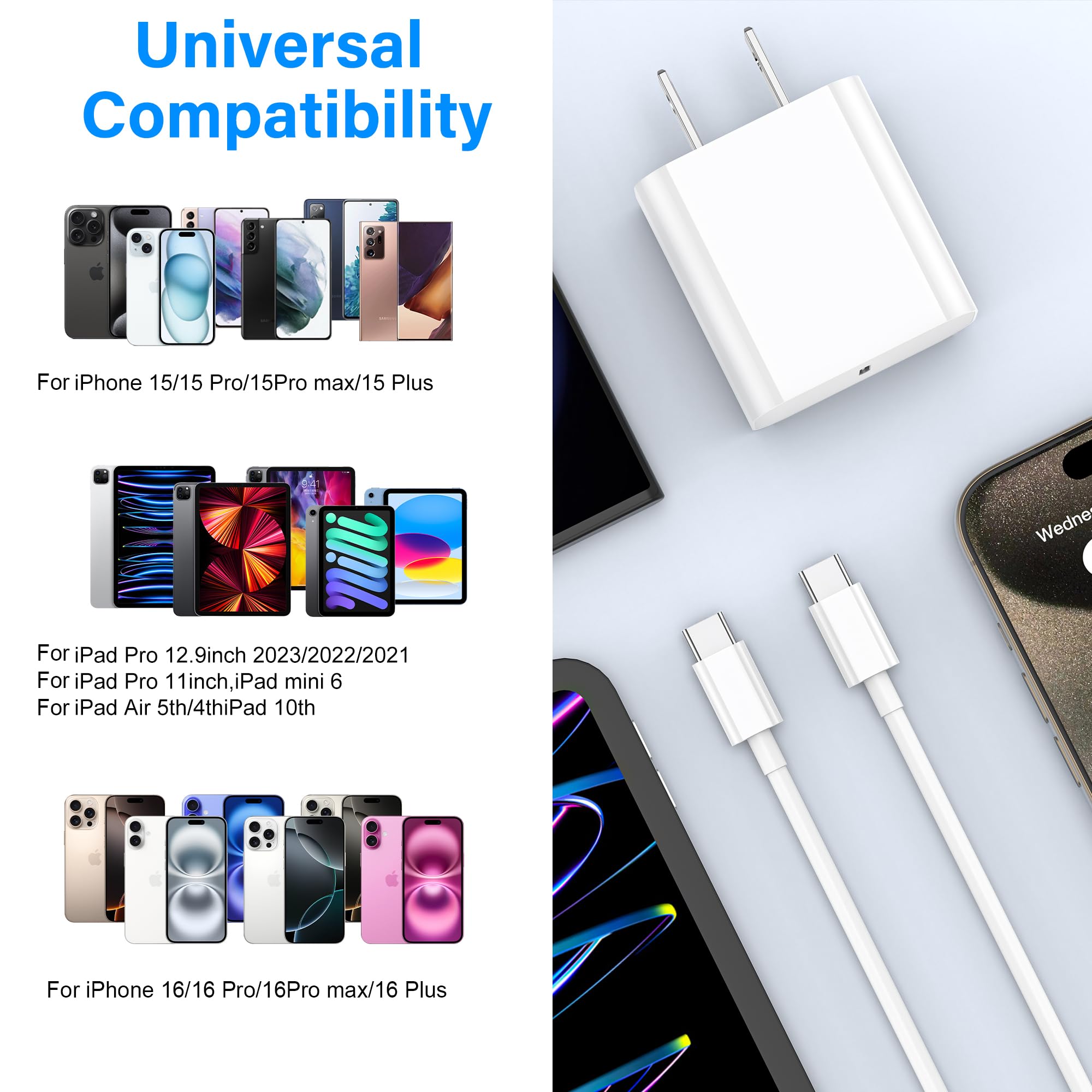 20W USB-C Fast Charger 3 Pack with 6ft Cable - Compatible with iPhone 16/16 Pro/16 Pro Max/16 Plus/15 Series, iPad Air, iPad Pro - Quick Charging for Home, Office & Travel