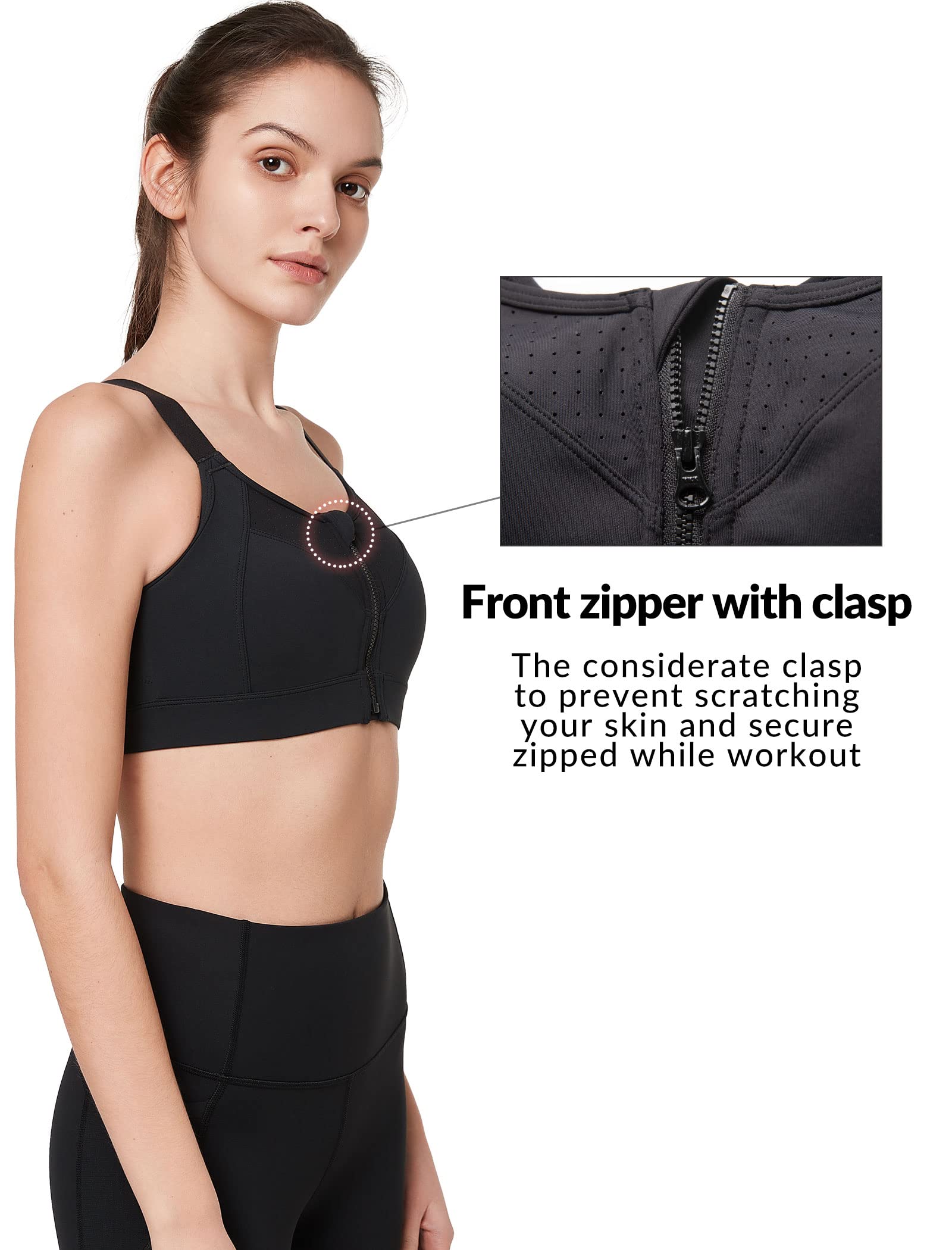Yvette Women's High Impact Zip Front Sports Bra - Adjustable, Wireless Plus Size Workout Bra for Running, Gym & Active Lifestyles