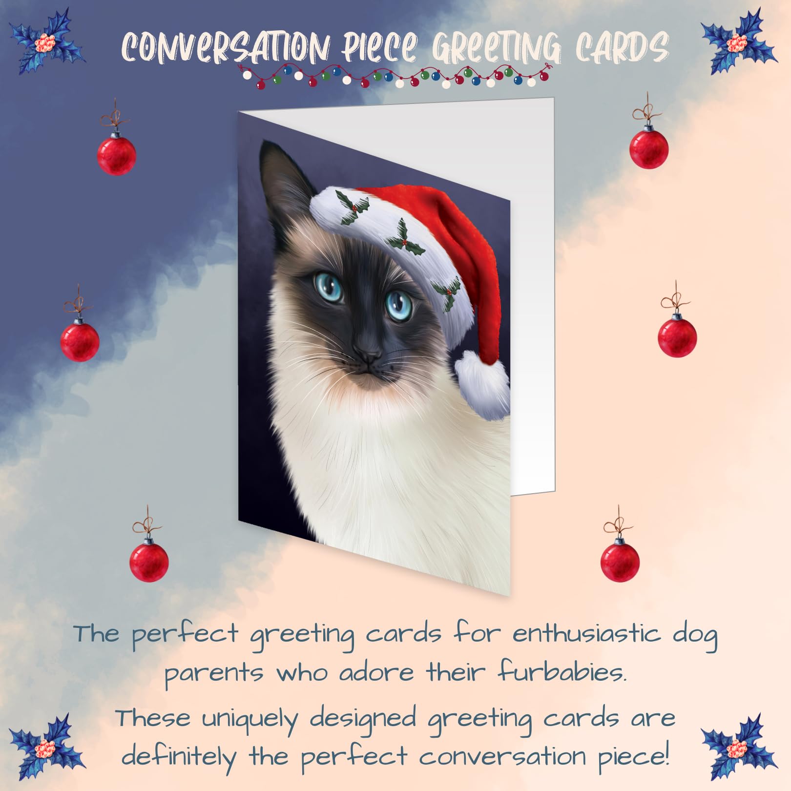 Christmas Santa Hat Wearing Siamese Cat Greeting Cards - 10 Adorable Pet Holiday Cards with Envelopes - Cute Cat Christmas Invitations for Pet Lovers - Perfect for Holiday Parties, Gift Exchanges & Festive Greetings