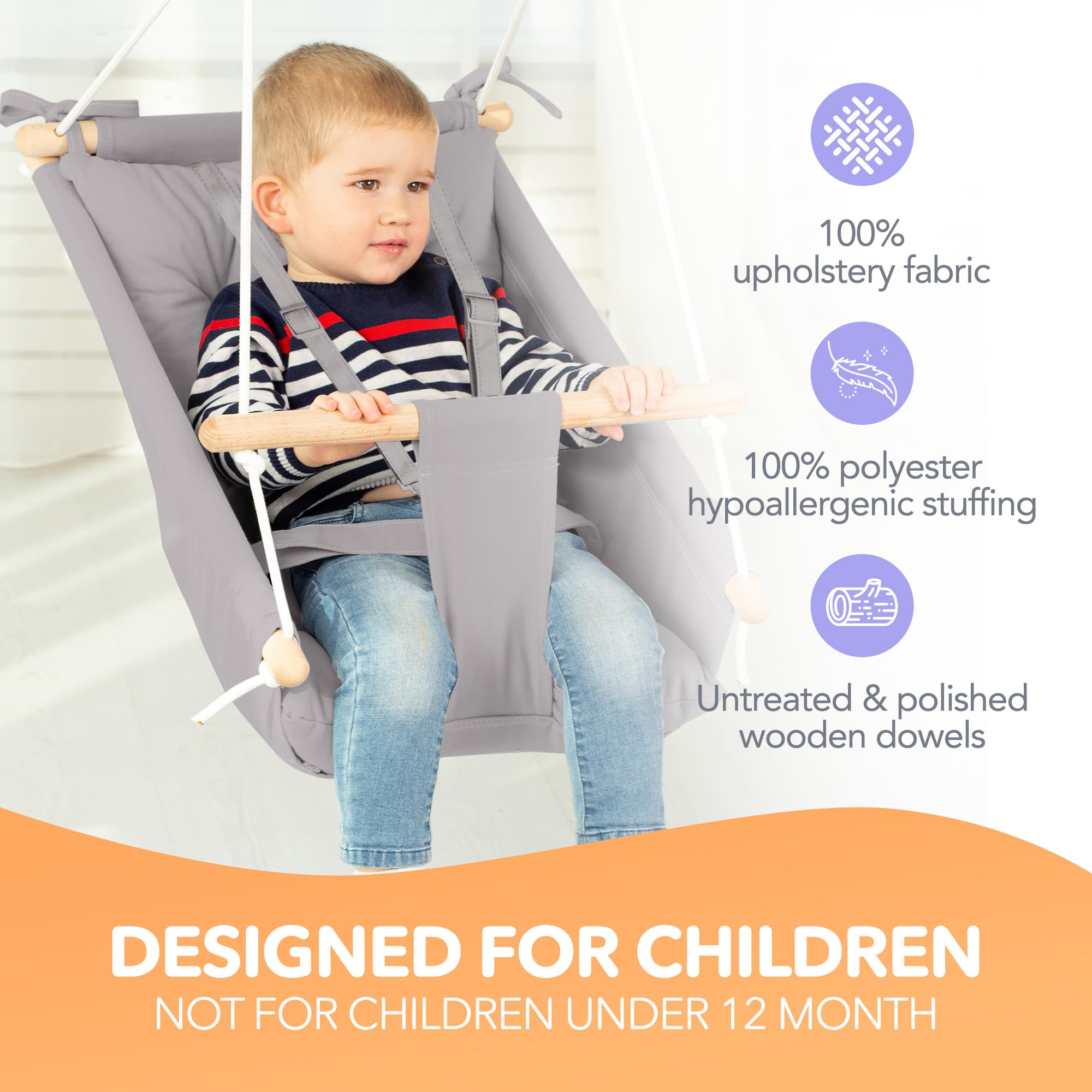 CaTeam - Durable Canvas Kids Swing with Safety Belt, Wooden Hanging Swing Seat Chair for Indoor & Outdoor Play - Perfect for Backyard, Playroom, and Nursery - Includes Mounting Hardware (Taupe Gray)