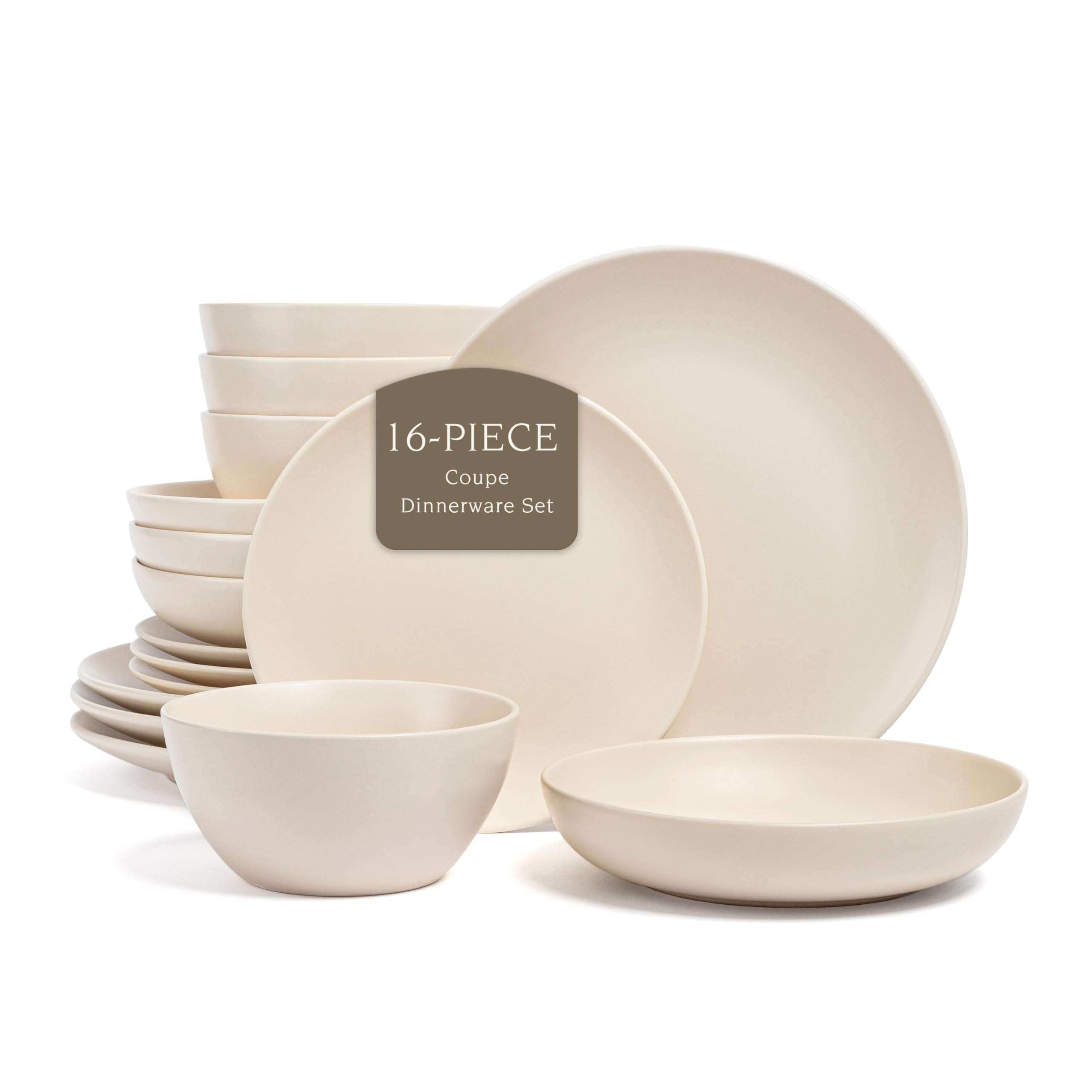 Over&Back Coupe 16-Piece Stoneware Dinnerware Set - 4 Dinner Plates, 4 Salad Plates, 4 Cereal Bowls & 4 Dinner Bowls - Semi-Matte Ivory Tableware for Everyday Dining, Family Gatherings & Special Occasions