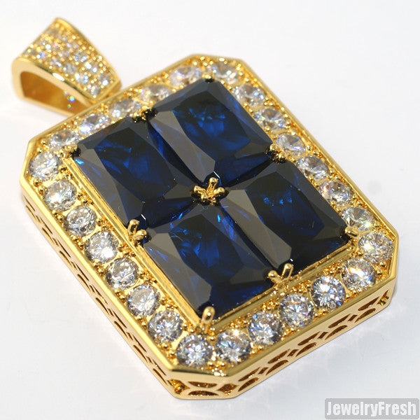 Blue 4 Lab Sapphire Iced Out Royal Pendant Necklace for Men | Luxury Hip Hop Jewelry Gift for Birthday & Anniversary