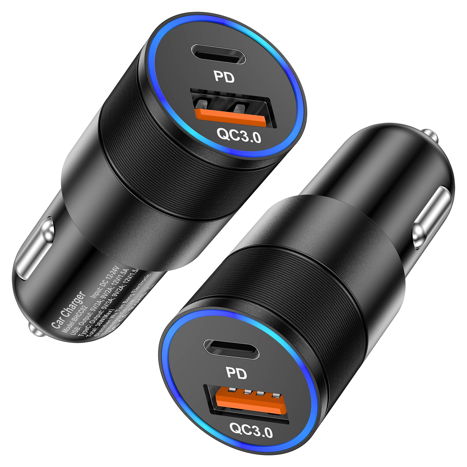 36W Dual Port USB C Car Charger Adapter - Fast Charging PD/QC3.0 12V Cigarette Lighter Charger for iPhone 16/15/14/13/12 Pro Max, iPad Mini, Galaxy S24/S23/Note 20 - Perfect for Road Trips & Daily Commutes (2-Pack)