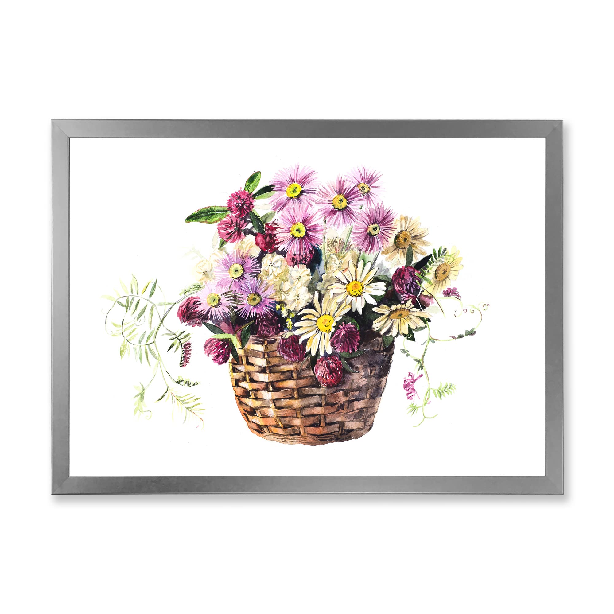 DesignQ Traditional Framed Wall Art - Meadow Flower Bouquet in Basket Painting - Perfect for Living Room, Bedroom & Office Decor