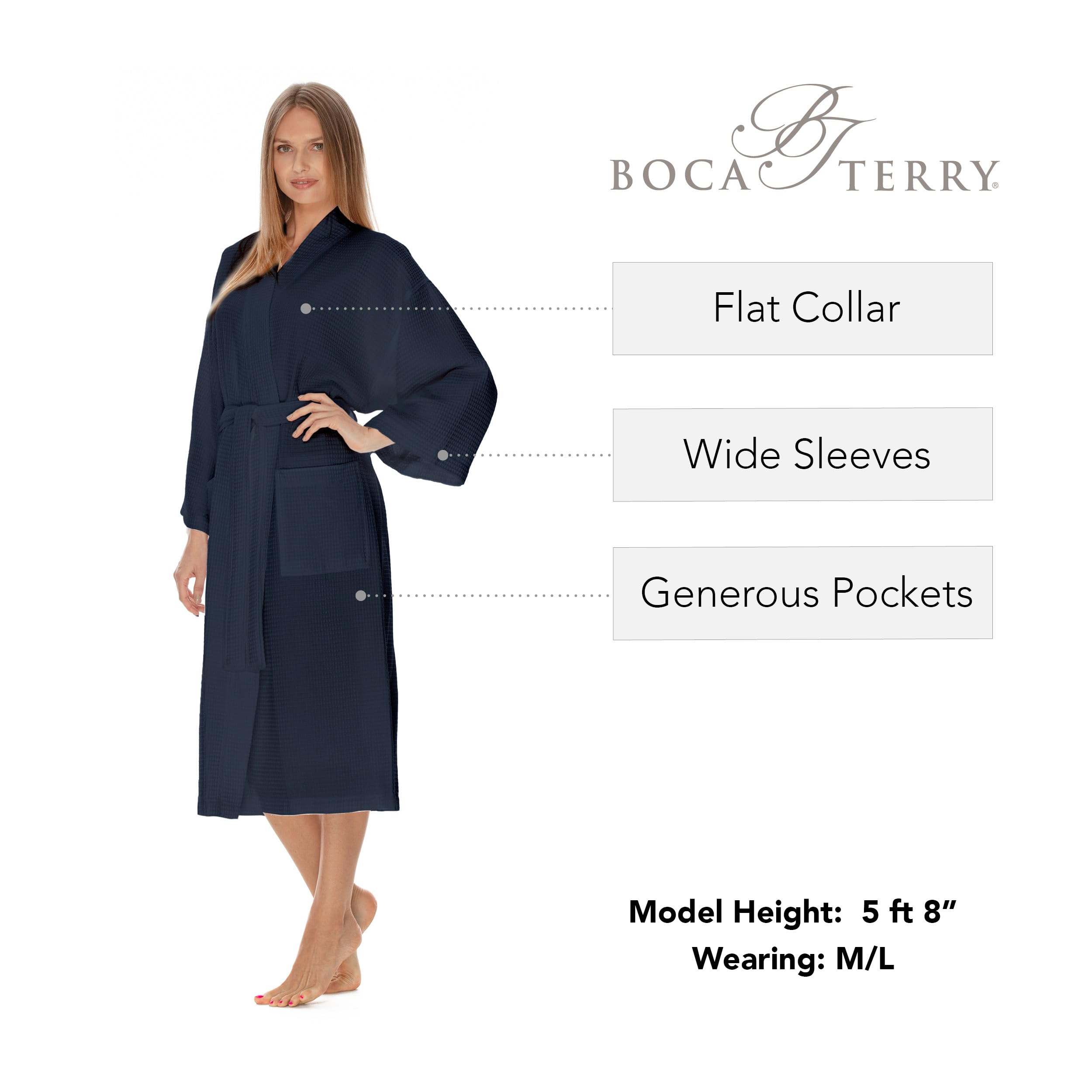 BOCA TERRY Women's Waffle Knit Robe - Soft Long Cotton Kimono Bathrobe for Spa, Hotel & Home Relaxation | Cozy Loungewear for Morning Coffee & Self-Care Evenings