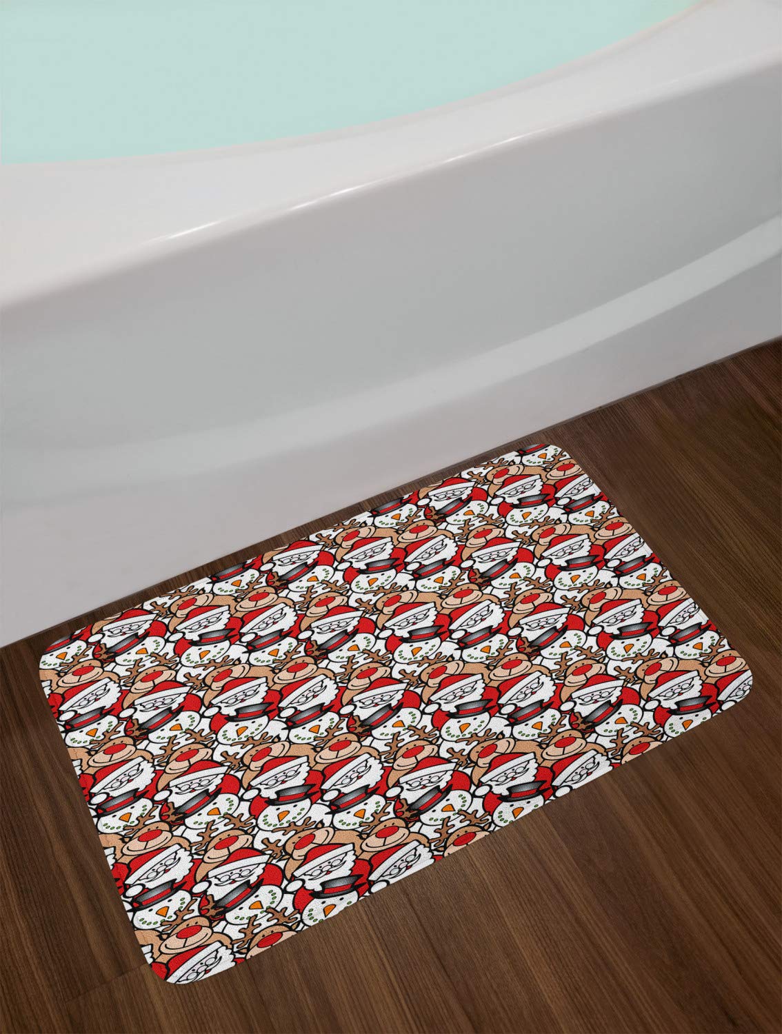 Ambesonne Christmas Bath Mat - Non-Slip Plush Bathroom Rug with Snowman, Reindeer & Santa Claus Winter Theme, 30.2 x 20 Inches, Pale Brown White Red - Perfect for Holiday Decor, Cozy Bathroom & Gift Giving
