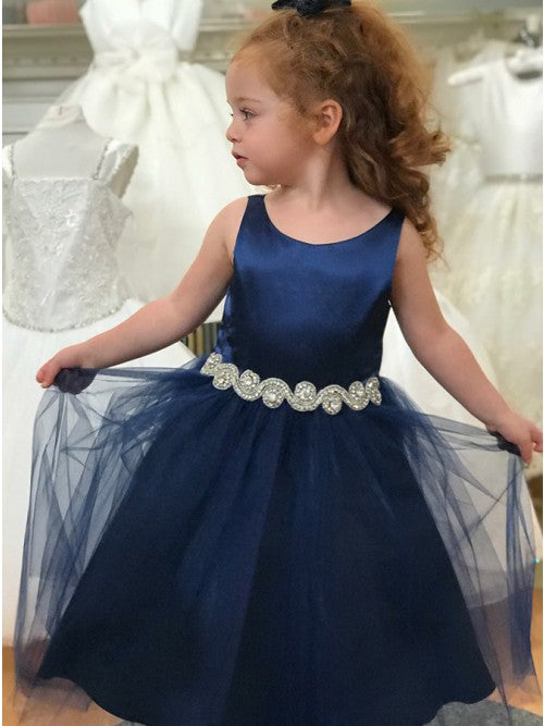 Navy Blue Satin Tulle Flower Girl Dress with Adjustable Belt - Elegant Formal Occasion Dress for Weddings, Parties & Special Events