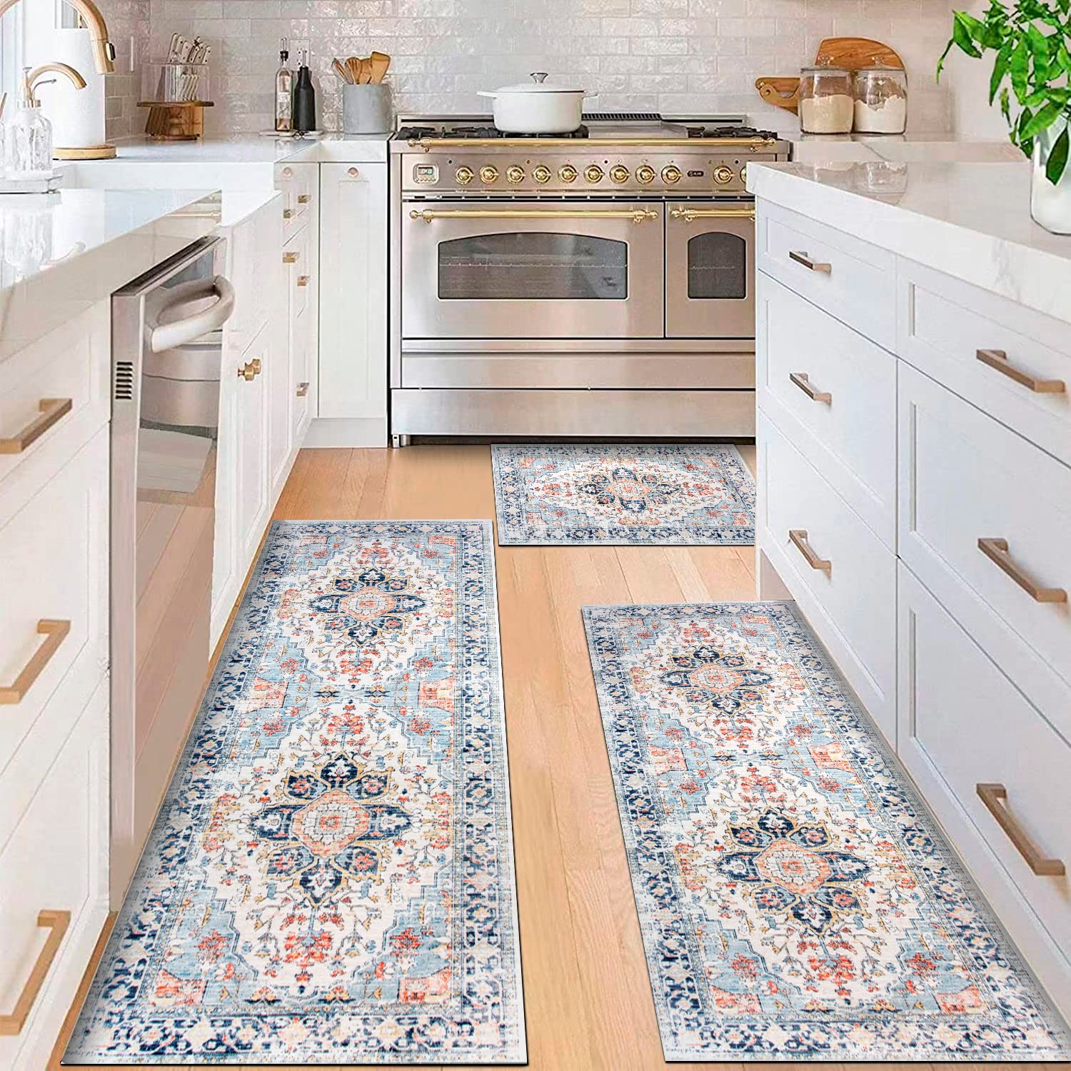 Non-Slip Kitchen Rug Set of 3 with Rubber Backing - Easy Clean Floor Mats for Kitchen, Laundry Room, Entryway & Hallway - Blue & Orange Design for Home Decor & Safety