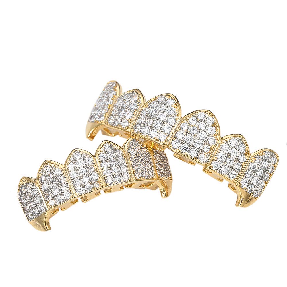 14K Gold Plated Grillz for Men & Women - Iced Out CZ Vampire Teeth Grill Set with Top & Bottom Grills & Extra Molding Bars | Hip Hop Jewelry, Rap Accessories, Party Wear, Halloween Costume