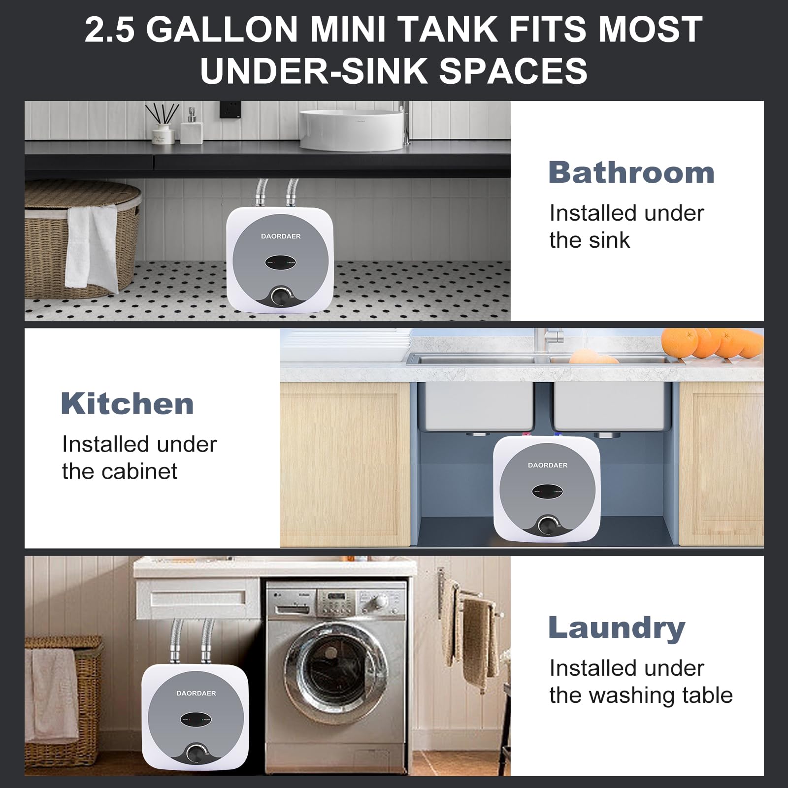 1.5kW Mini Tank Electric Water Heater 110-120V, 2.5 Gallon Under Sink Instant Hot Water Heater with Knob Temperature Control - Compact Design for Home Kitchen (Gray) - Perfect for Small Spaces, Coffee Brewing & Hand Washing