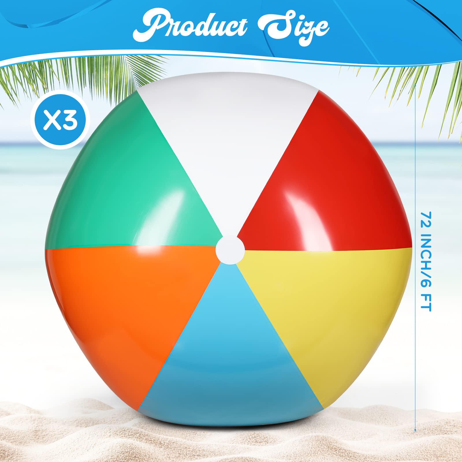 3 PCS Giant 6FT Inflatable Beach Balls - Large PVC Swimming Pool Float Toys for Adults, Rainbow Colors for Summer Parties, Outdoor Water Games & Backyard Fun