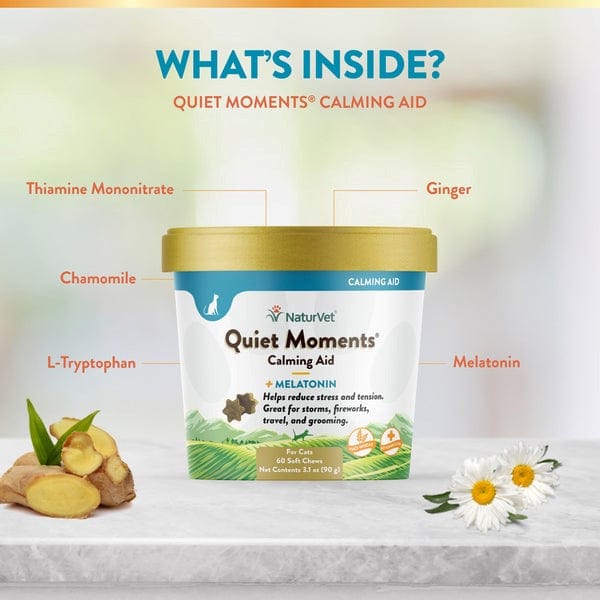NaturVet Quiet Moments Calming Aid Plus Melatonin Cat Soft Chews - Stress Relief for Anxious Cats During Travel, Vet Visits & Fireworks | Natural Cat Anxiety Treatment