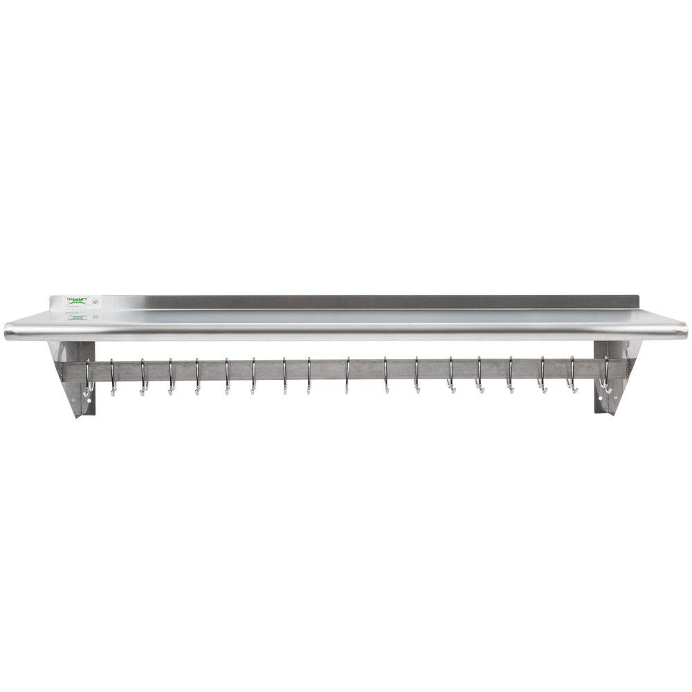 TableTop King 15x60 Inch Stainless Steel Wall Mounted Kitchen Pot Rack with Storage Shelf & 18 Galvanized Hooks - Space Saving Cookware Organizer for Small Kitchens, Restaurants & Home Use