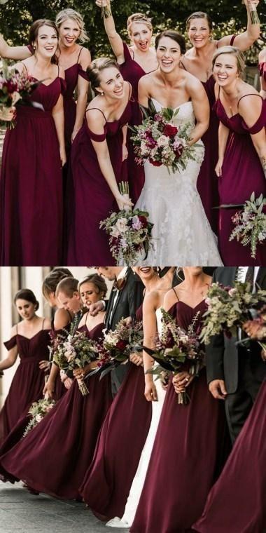 Elegant Chiffon Dark Red Spaghetti Strap Long Bridesmaid Dress - WG676 | Perfect for Weddings, Proms & Formal Events