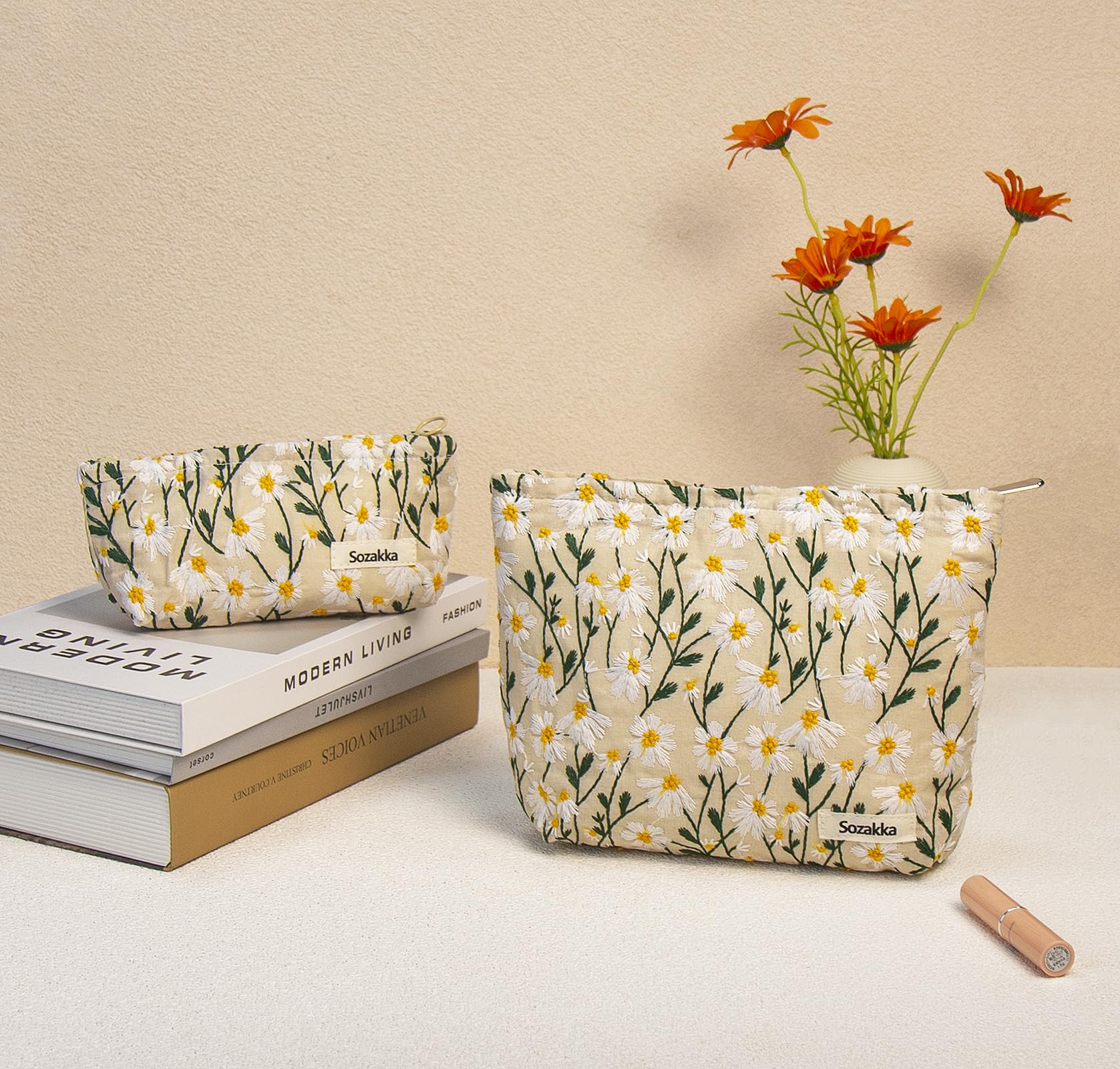 2 Pcs Large Floral Embroidery Makeup Bags for Women - Travel Cosmetic & Toiletry Organizer with Zipper, Small Cosmetic Pouch Purse for Girls & Teens - Perfect for Travel, Gym, Daily Use & Gifts