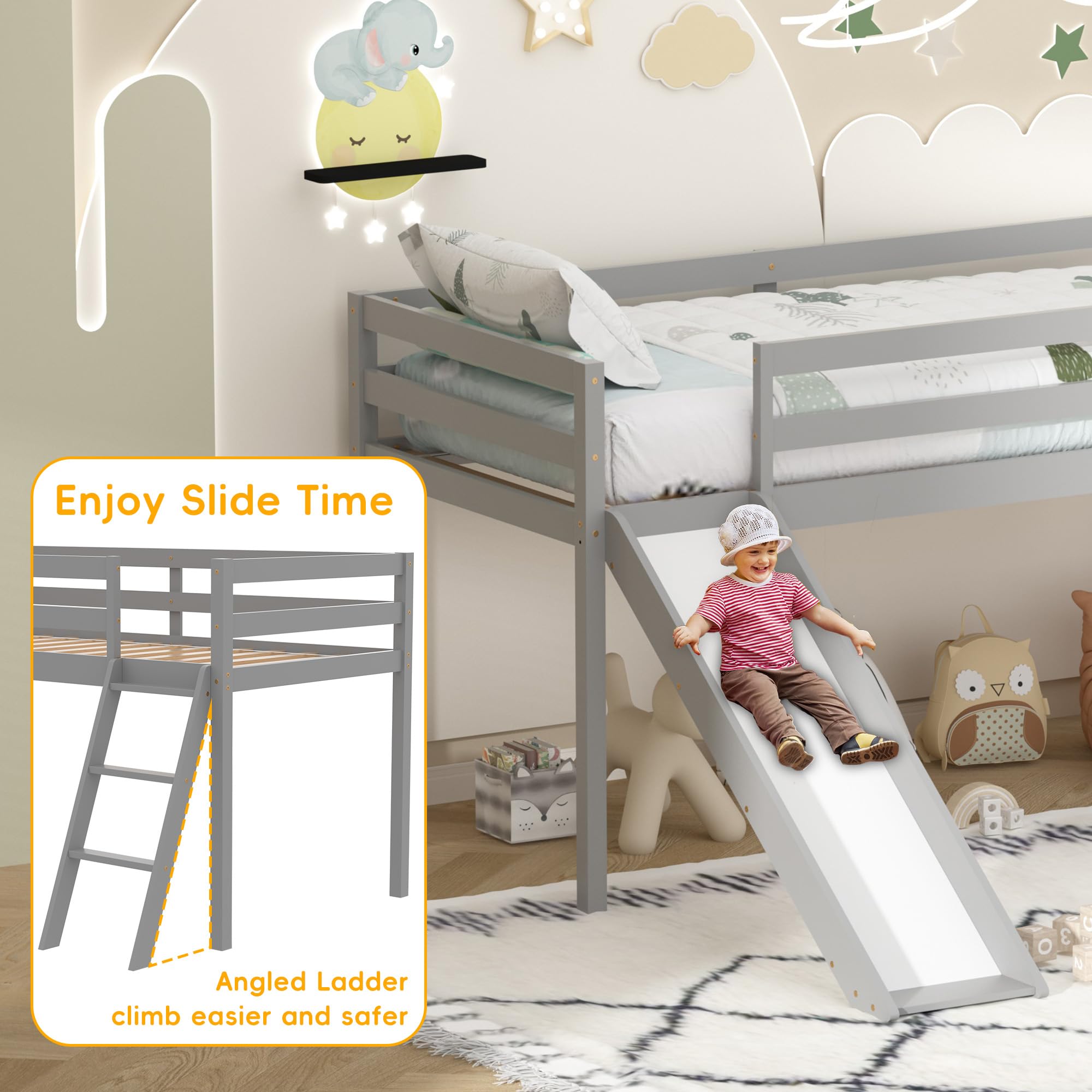 Xilingol Low Loft Bed with Slide - Wooden Twin Bed Frame with Climbing Ladder for Toddlers & Kids - Space-Saving Grey Kids Bed for Small Rooms - Perfect for Playrooms, Bedrooms & Daycare Centers