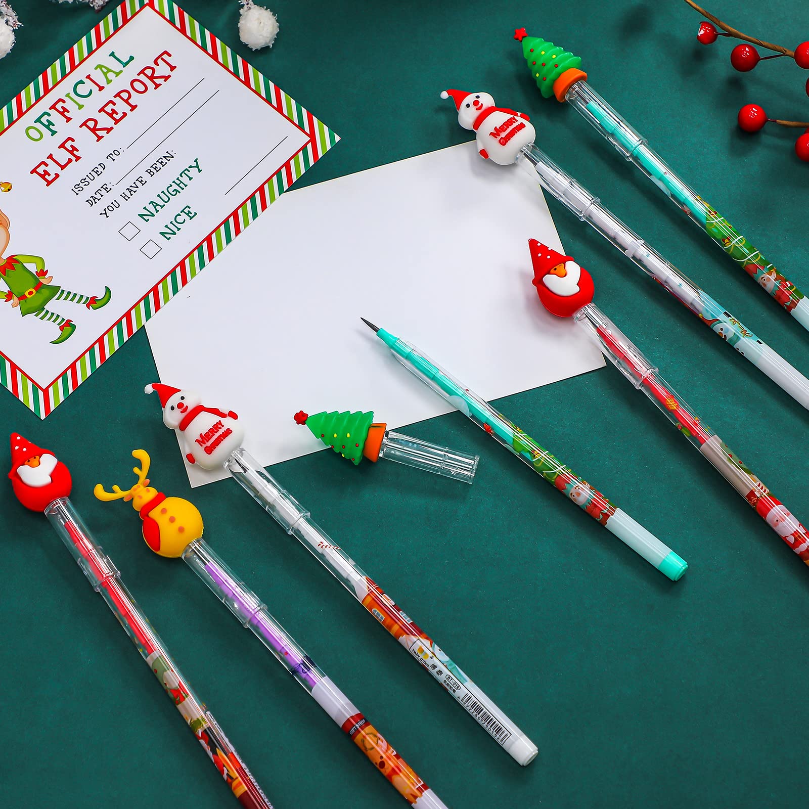 Stackable Christmas Pencils with Santa, Xmas Tree, Deer & Snowman Designs - 24-Pack Holiday Party Favors for School, Office & Kids New Year Celebrations - Perfect for Gift Exchanges, Classroom Rewards & Festive Writing