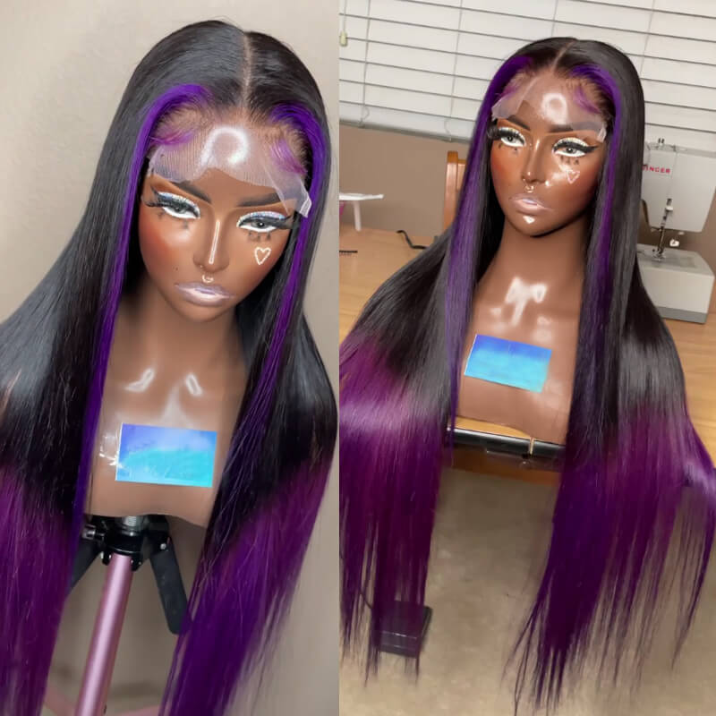 Eullair 13x4 Lace Front Wig - Colored Skunk Stripe Ombre Body Wave Human Hair (Perfect for Cosplay, Halloween & Daily Fashion)