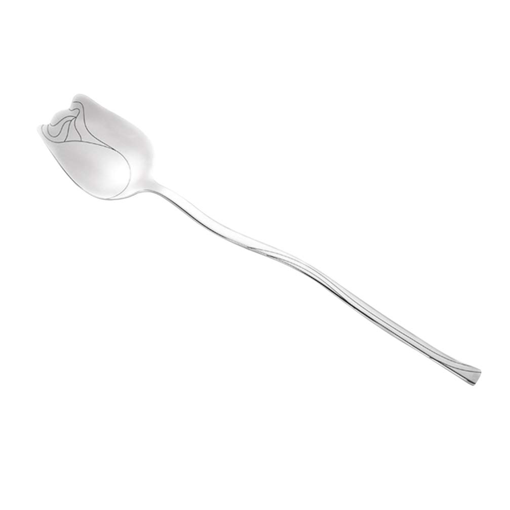 Stainless Steel Rose Flower Spoon - Reusable Coffee Stirring Spoon for Desserts, Ice Cream & Cake | Elegant Silver Tableware for Tea Parties, Cafes & Home Baking