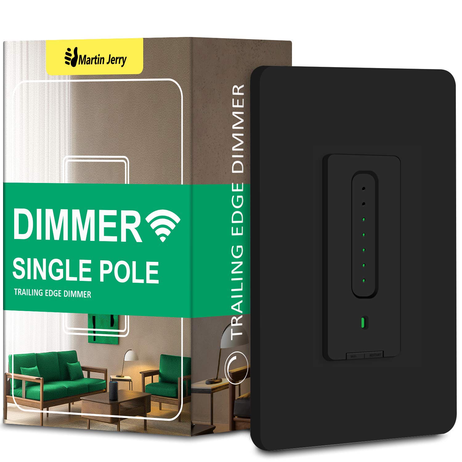 Martin Jerry Smart Dimmer Switch Black - Touch Black Trailing Edge LED Compatible Light Switch with Neutral Wire & 2.4G Wi-Fi (No Hub Required) - Perfect for Bedroom, Living Room & Smart Home Lighting Control