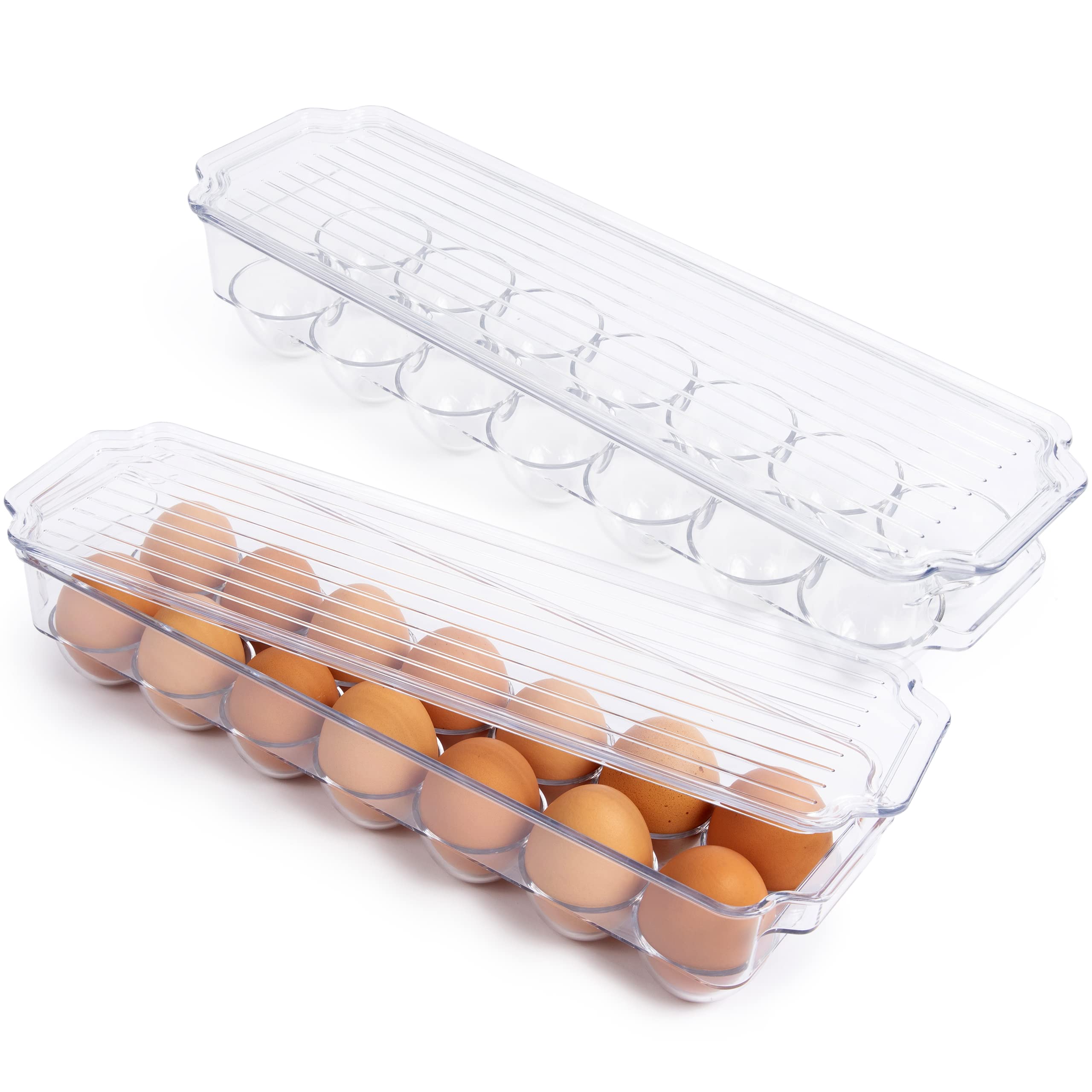 Greenco Stackable Refrigerator Egg Organizer Bins with Lid & Handle - Set of 2 Clear Plastic Egg Containers for Fridge Storage | Perfect for Kitchen Organization, Meal Prep & Farm Fresh Eggs
