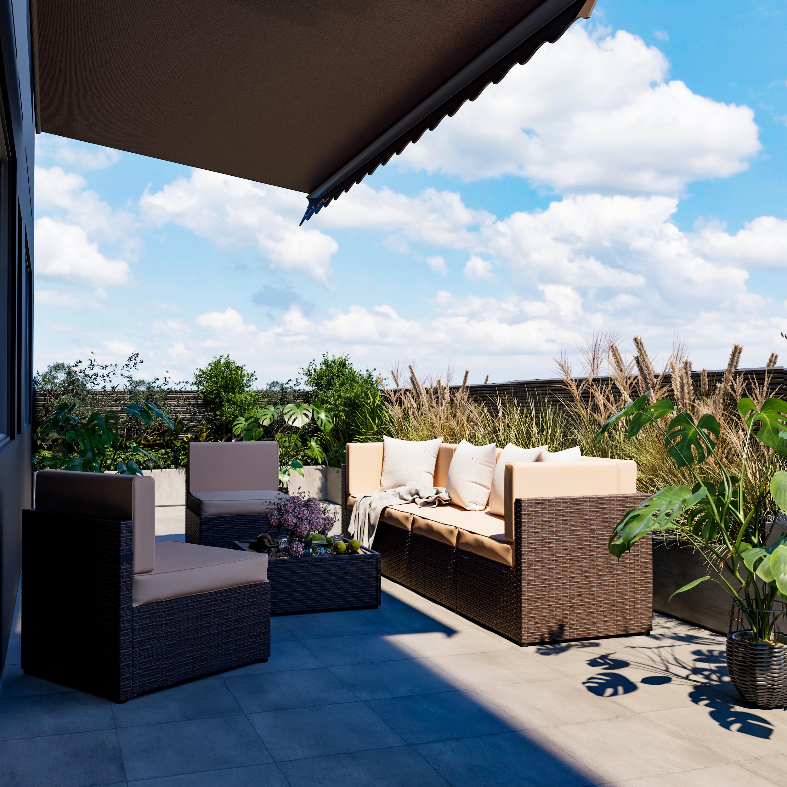 7-Piece Modular Outdoor Sectional Sofa Set - Brown Rattan Patio Furniture with Beige Washable Cushions & Coffee Table - Perfect for Backyard, Garden, Poolside & Outdoor Conversations