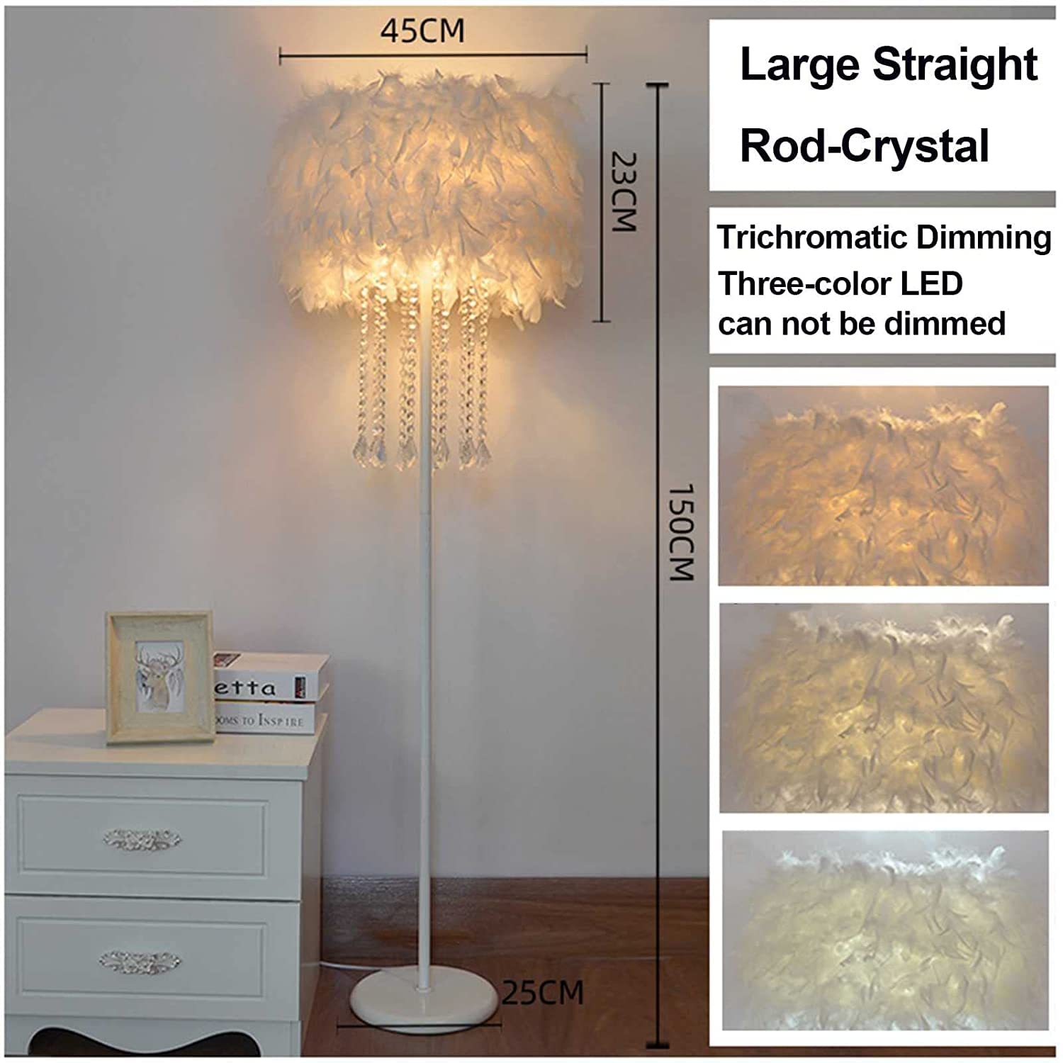 Modern Feather Drum Shade Floor Lamp with Spiral Crystal Design - Plug-in Standing Lighting for E27 Bulbs (Blue) - Perfect for Living Room, Bedroom, and Office Decor