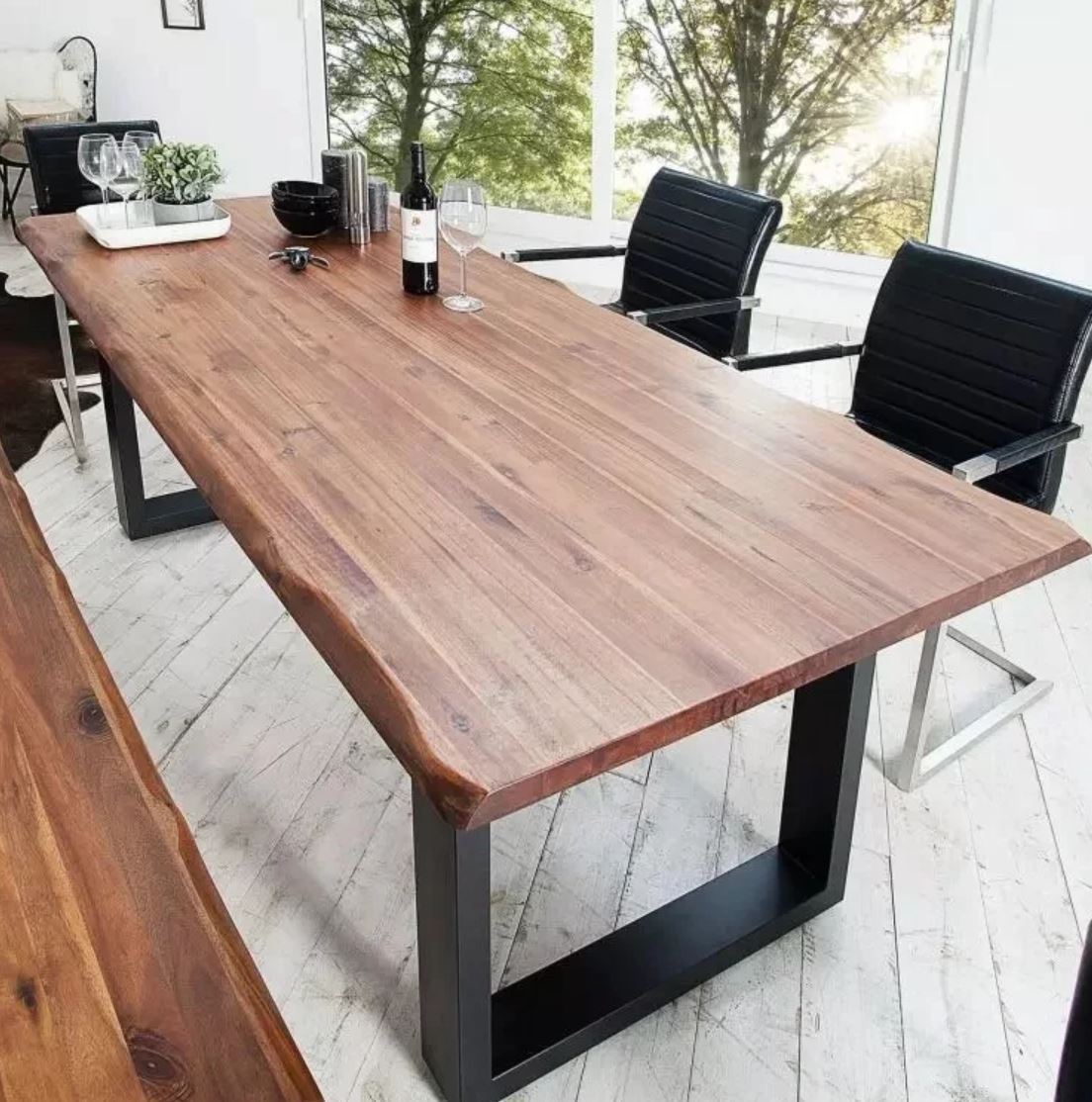 Modern Industrial Solid Wood Dining Table - Rustic Farmhouse Kitchen Table for 6 - Perfect for Dining Room, Kitchen, and Small Space Homes
