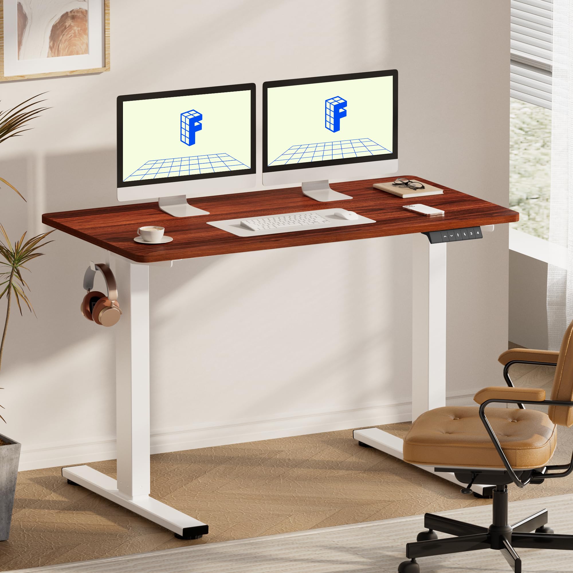 FLEXISPOT EN1 Electric Height Adjustable Standing Desk 55 x 28 Inches - Sit Stand Home Office Desk with White Frame & 55
