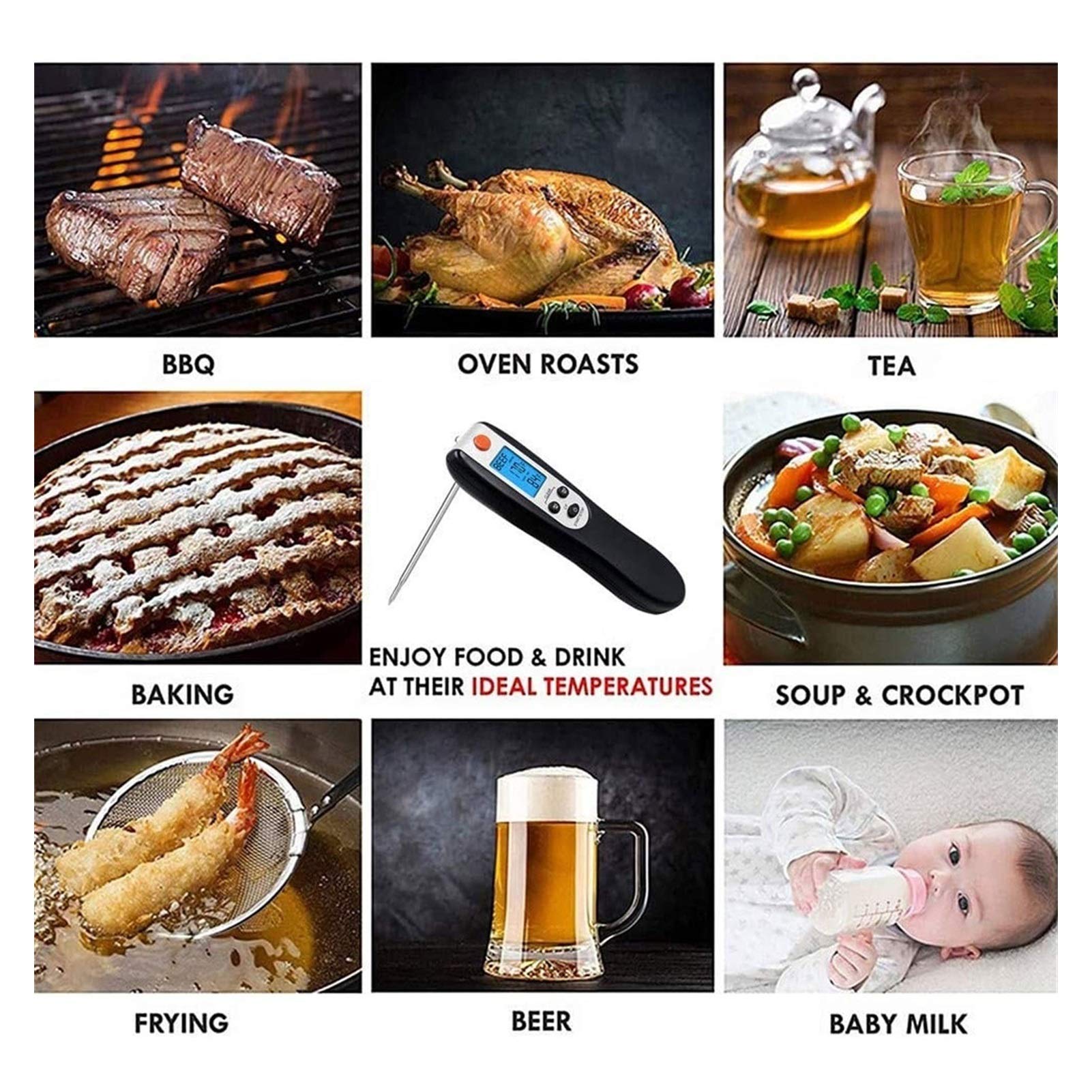 Digital Meat Thermometer for Cooking - Instant Read Food Thermometer with Foldable Probe, Oven Safe Wired Probe, Backlight & Alarm - Perfect for BBQ, Grilling, Roasting Turkey, Baking, and Kitchen Use