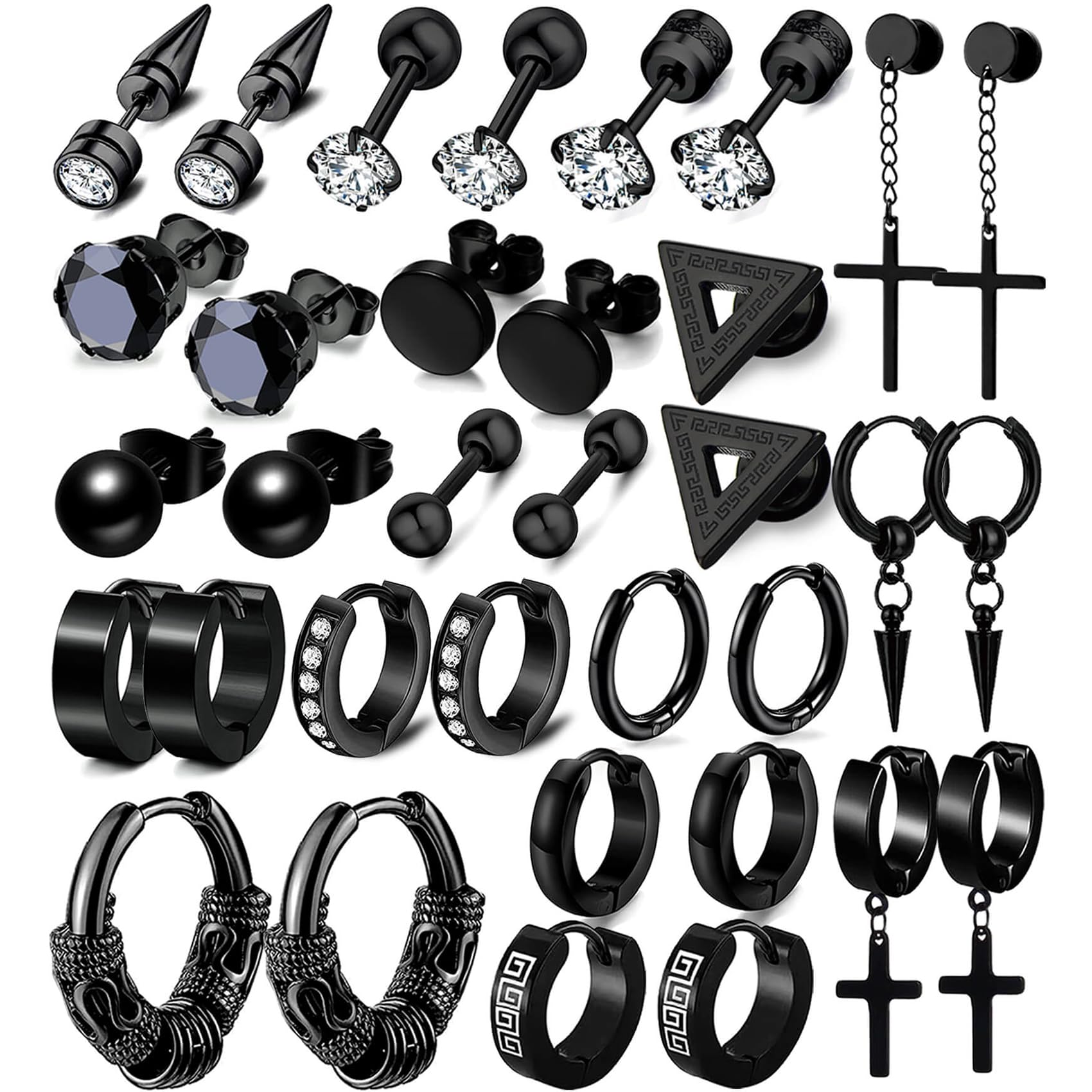 17 Pairs Stainless Steel Earrings for Men - Hypoallergenic Cross, Dangle & Hoop Earrings Set for Sensitive Skin - Fashion Jewelry with Long-Lasting Shine - Perfect for Gifts, Parties & Everyday Wear