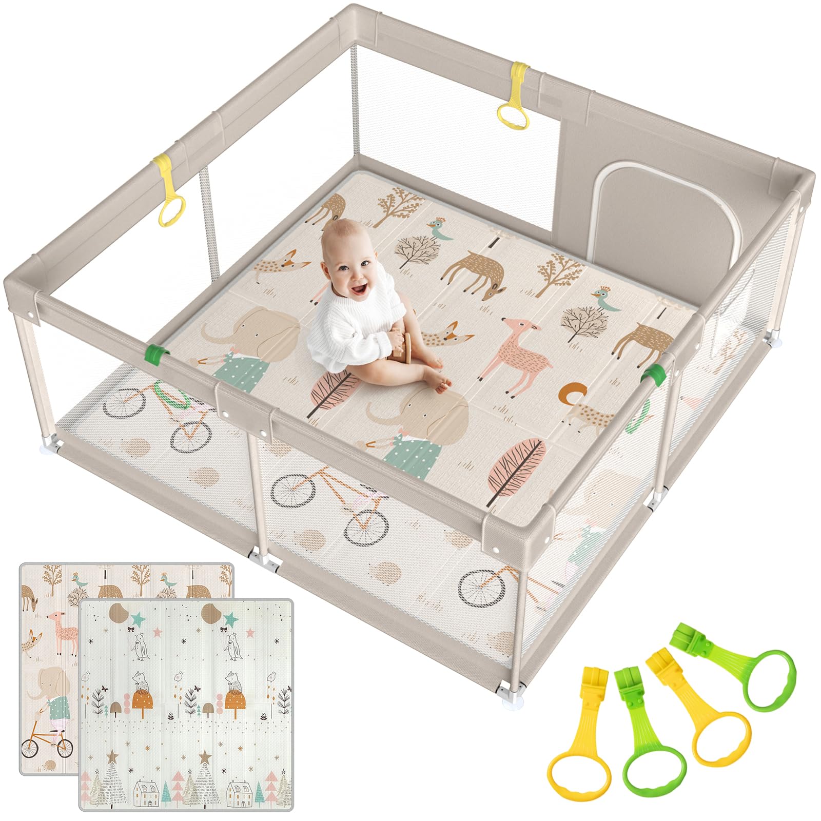 MLOONG Extra Large Baby Playpen with Mat - 59x59x27 Inches Safety Play Yard for Infants & Toddlers | Indoor Outdoor Activity Center with Playmat | Perfect for Nursery, Living Room & Backyard Playtime