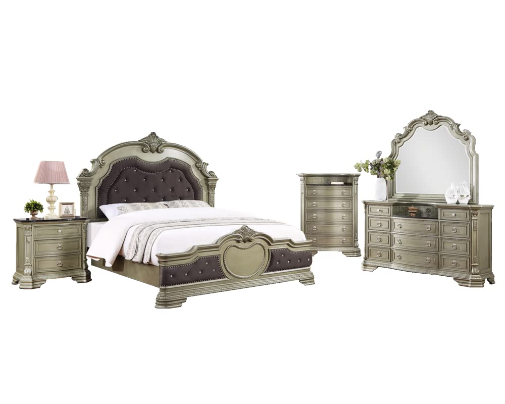 GTU Furniture 5-Piece Upholstered Solid Wood Queen Bedroom Set - Queen Bed, Dresser, Mirror, Chest & Nightstand in Jungle Green/Silver - Perfect for Modern Bedroom Decor & Guest Room Setup