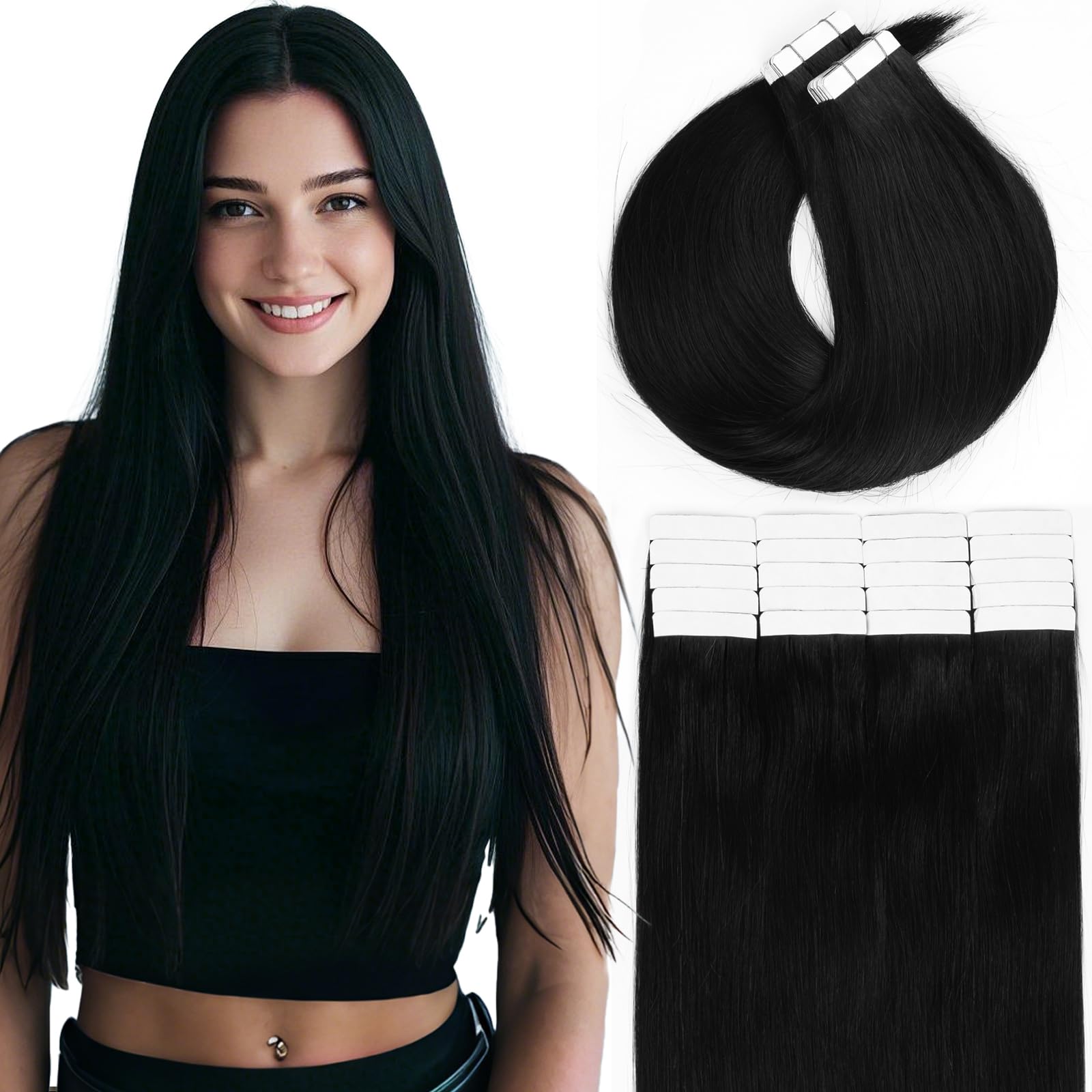 Loxxy 18 Inch Natural Black Tape in Hair Extensions - Real Human Hair, Silky Straight, Invisible & Seamless Skin Weft - Double Sided Glue in (20pcs, 50g) - Perfect for Daily Styling, Parties & Special Occasions
