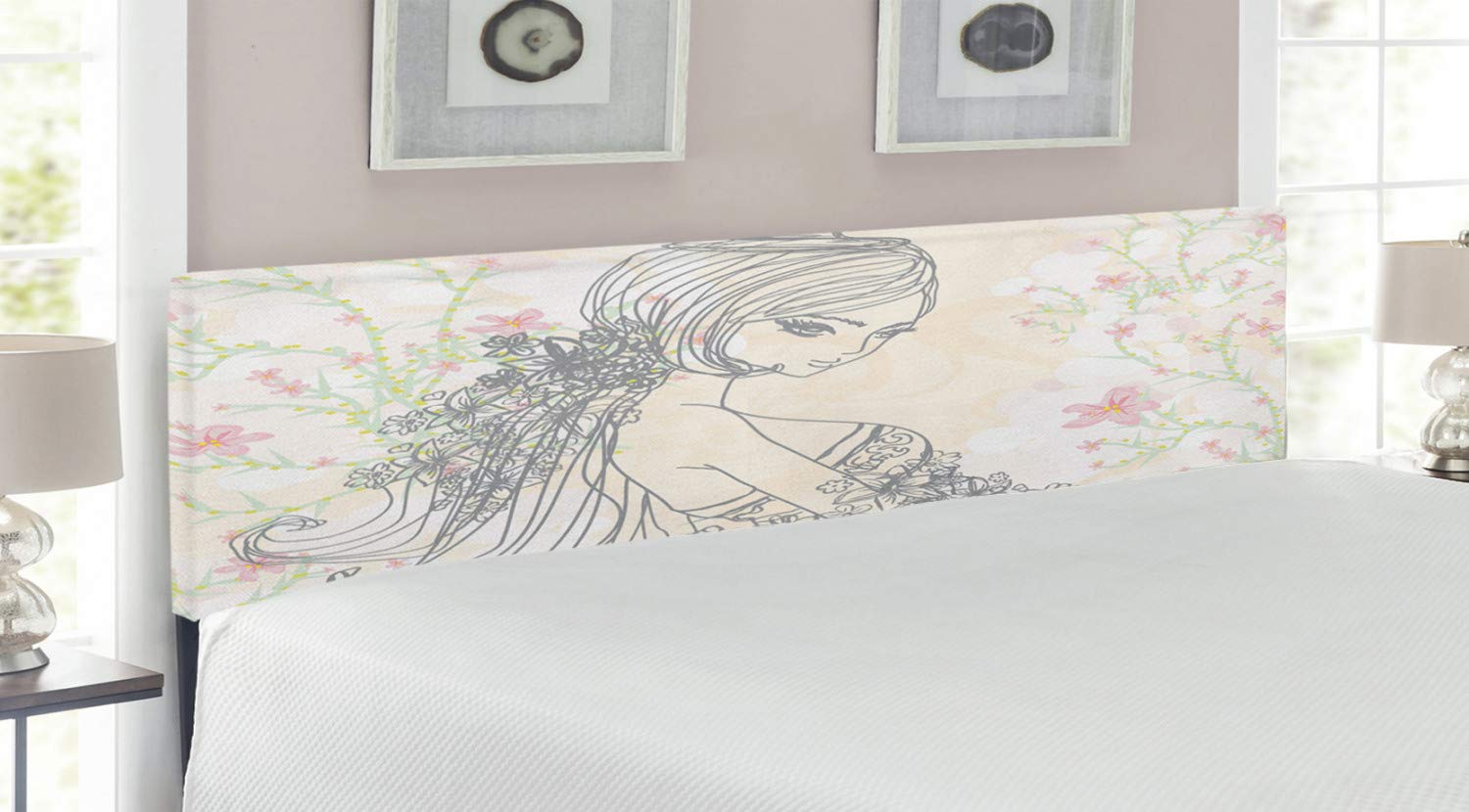Lunarable Retro Upholstered Headboard - Fashion Girl in Fairyland Spring Field Daisies Artwork, Decorative Metal Bed Frame with Memory Foam, King Size, Dark Taupe & Pale Pink - Perfect for Bedroom Decor, Guest Rooms & Bohemian Style Homes
