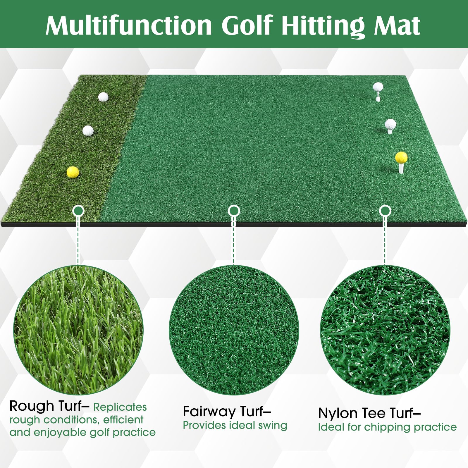 Premium 5x4 ft Golf Hitting Mat Set with Nylon Turf - Thickened Practice Mat Includes 3 Rubber Tees, 6 Golf Balls & 6 Tees - Perfect for Indoor/Outdoor Golf Training, Chipping & Swing Practice - Ideal for Backyard, Garage & Driving Range Use