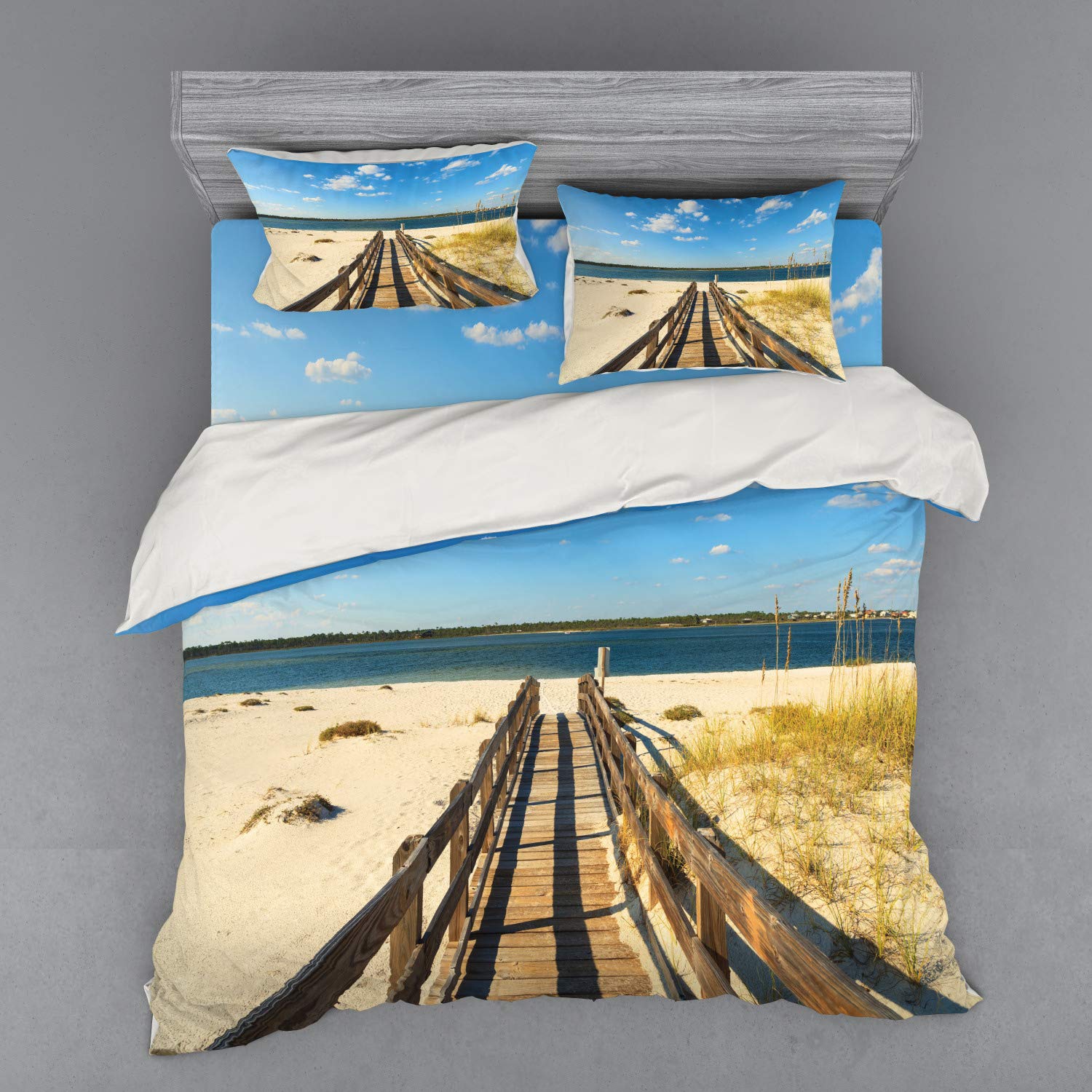 Ambesonne Beach Themed King Size 4-Piece Duvet Cover Set with Shams & Fitted Sheet - Coastal Decor for Bedroom, Cream Blue Perdido Beach Design - Perfect for Beach Houses, Vacation Rentals & Coastal Style Bedrooms