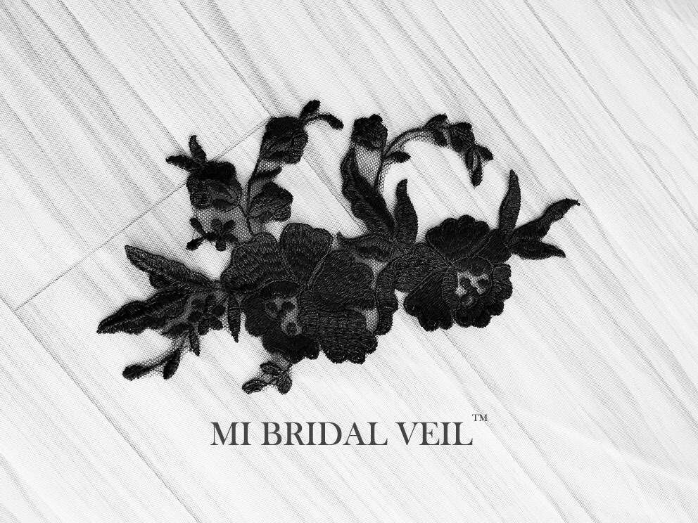 Elegant Black Embroidered Lace Chapel Wedding Veil - Vintage Inspired Bridal Veil for Romantic Weddings, Church Ceremonies & Photo Shoots