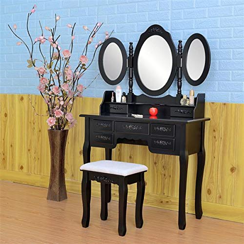 Vanity Set with Tri-Folding Mirror & 7 Drawers - Makeup Dressing Table with Cushioned Stool - Easy Assembly for Women & Girls - Perfect for Bedroom, Bathroom & Dressing Room Organization