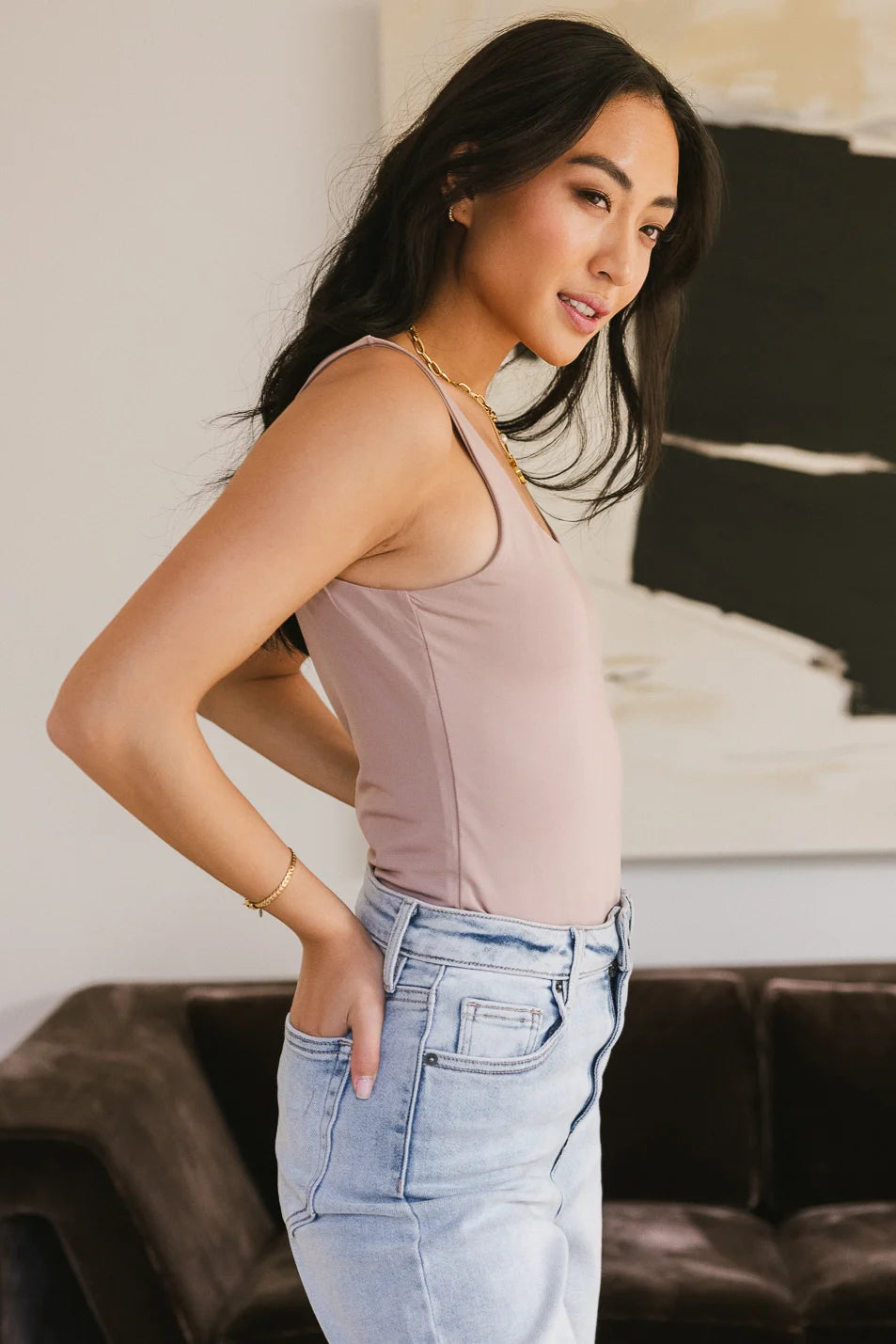 Harper Square Neck Bodysuit in Mauve | Women's Stretchy T-Shirt Bodysuit | Casual & Sexy Outfit for Date Night, Club, or Everyday Wear | FINAL SALE