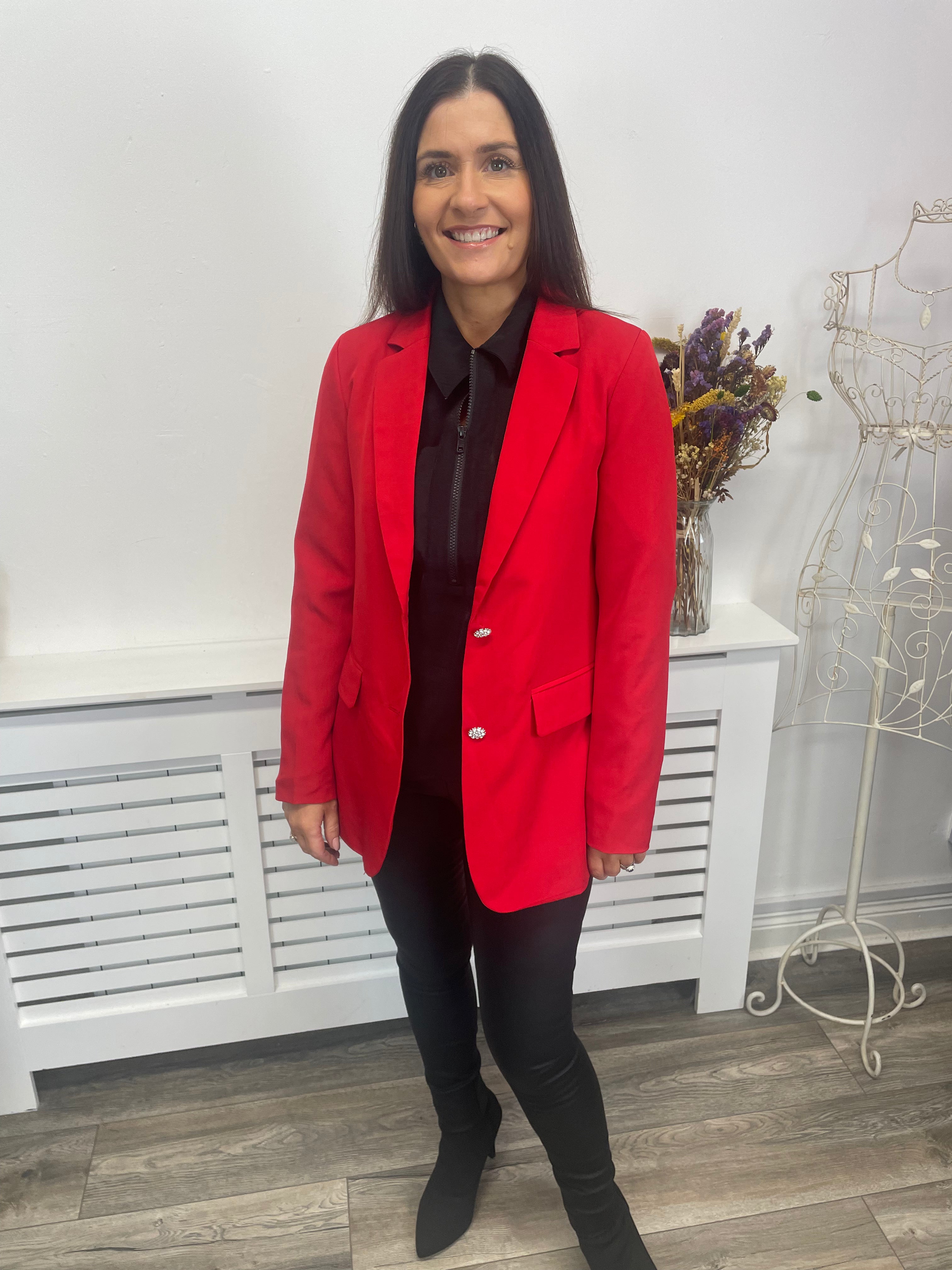 Kammas Deco Loose Blazer for Women - Barbados Cherry Color - Stylish Casual Office Wear & Spring Outfits