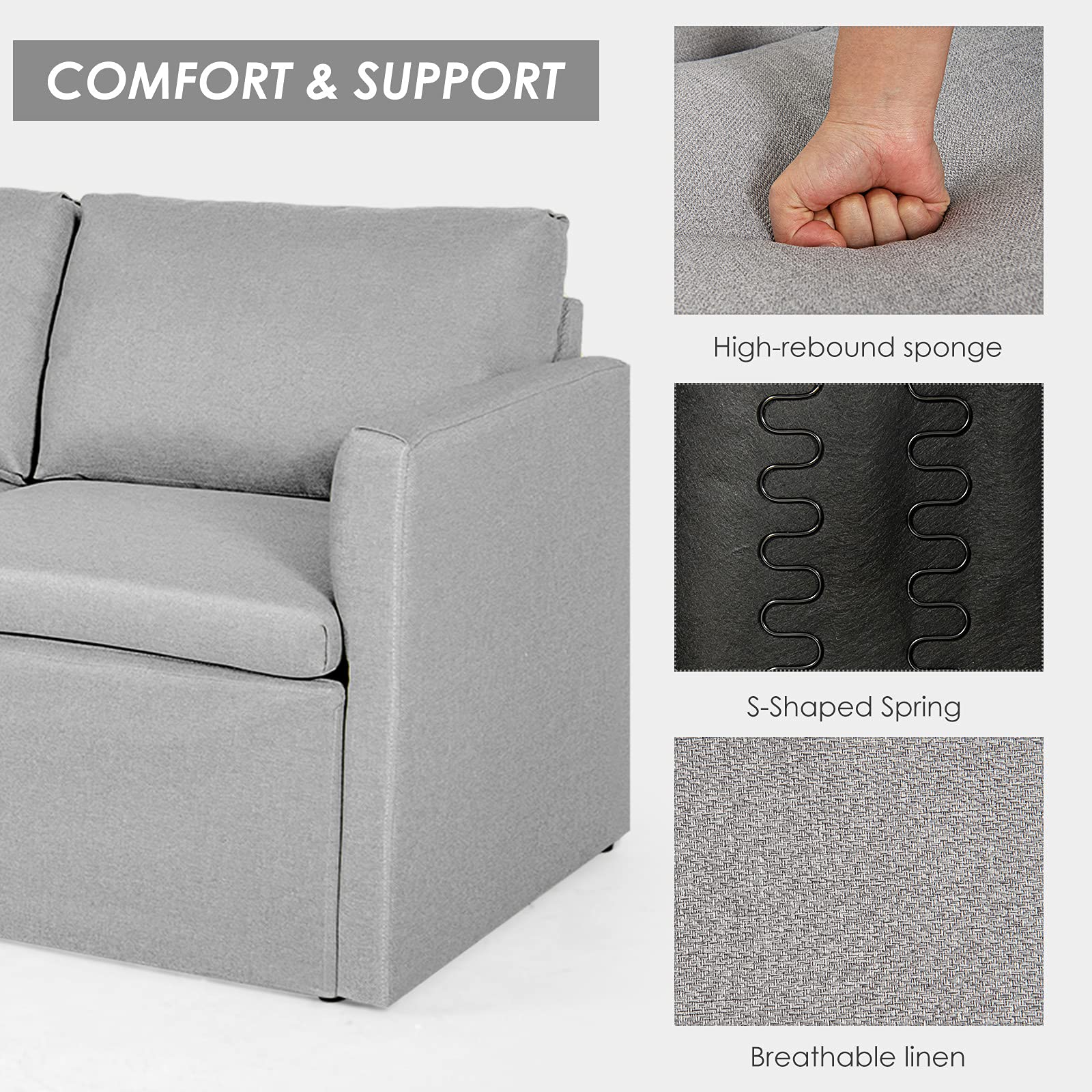 Giantex Convertible Sectional Sofa Couch, Modern L-Shaped 3-Seat Reversible Chaise Sofa with Spring Support, Heavy Duty Linen Fabric Corner Couch Set for Living Room, Apartment & Dorm | Perfect for Small Spaces, Movie Nights & Family Gatherings