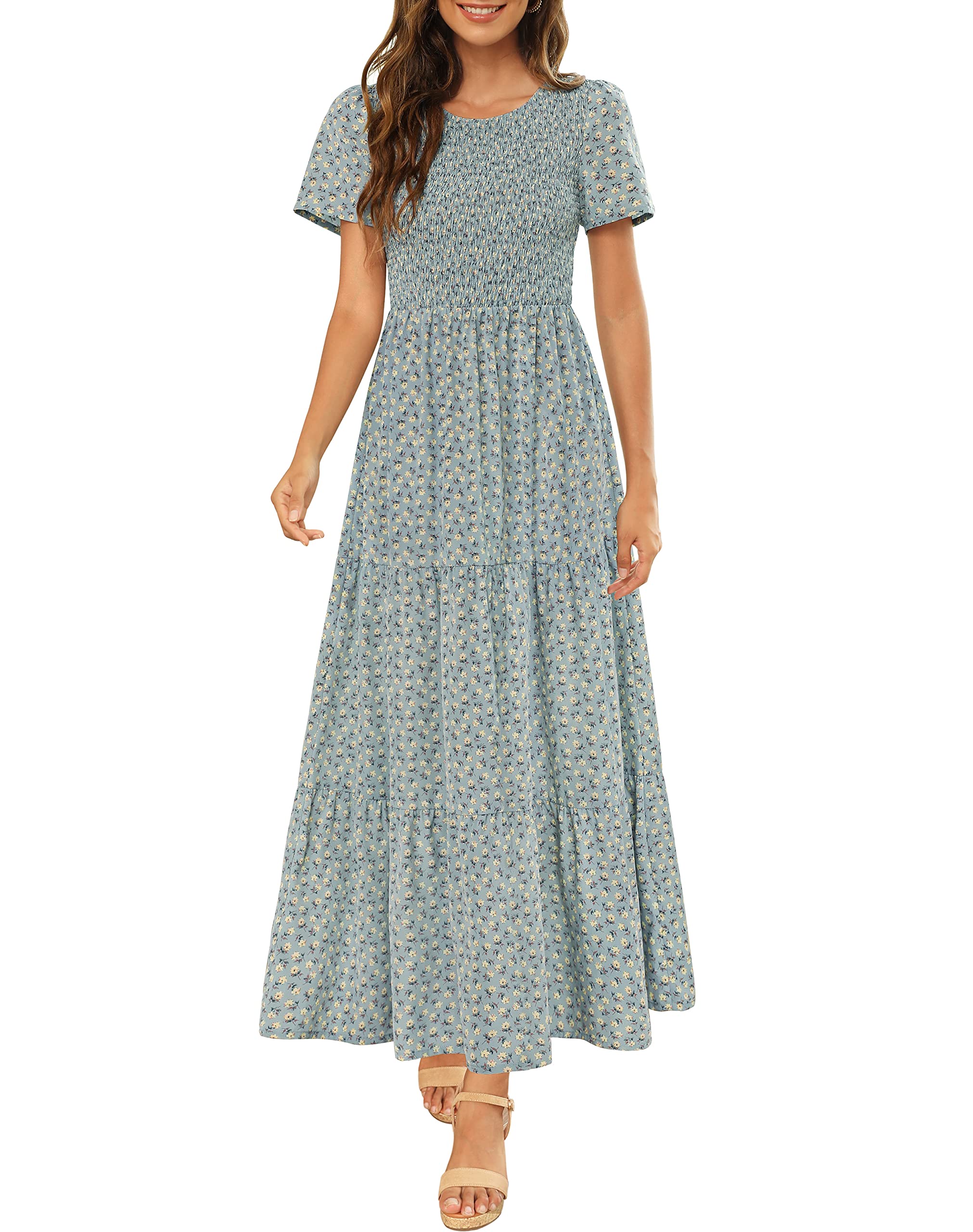 Maggeer Women's 2025 Spring Summer Floral Boho Maxi Dress - Smocked Waist, Short Sleeve, Flowy Wedding Guest Dress for Beach Parties & Garden Events